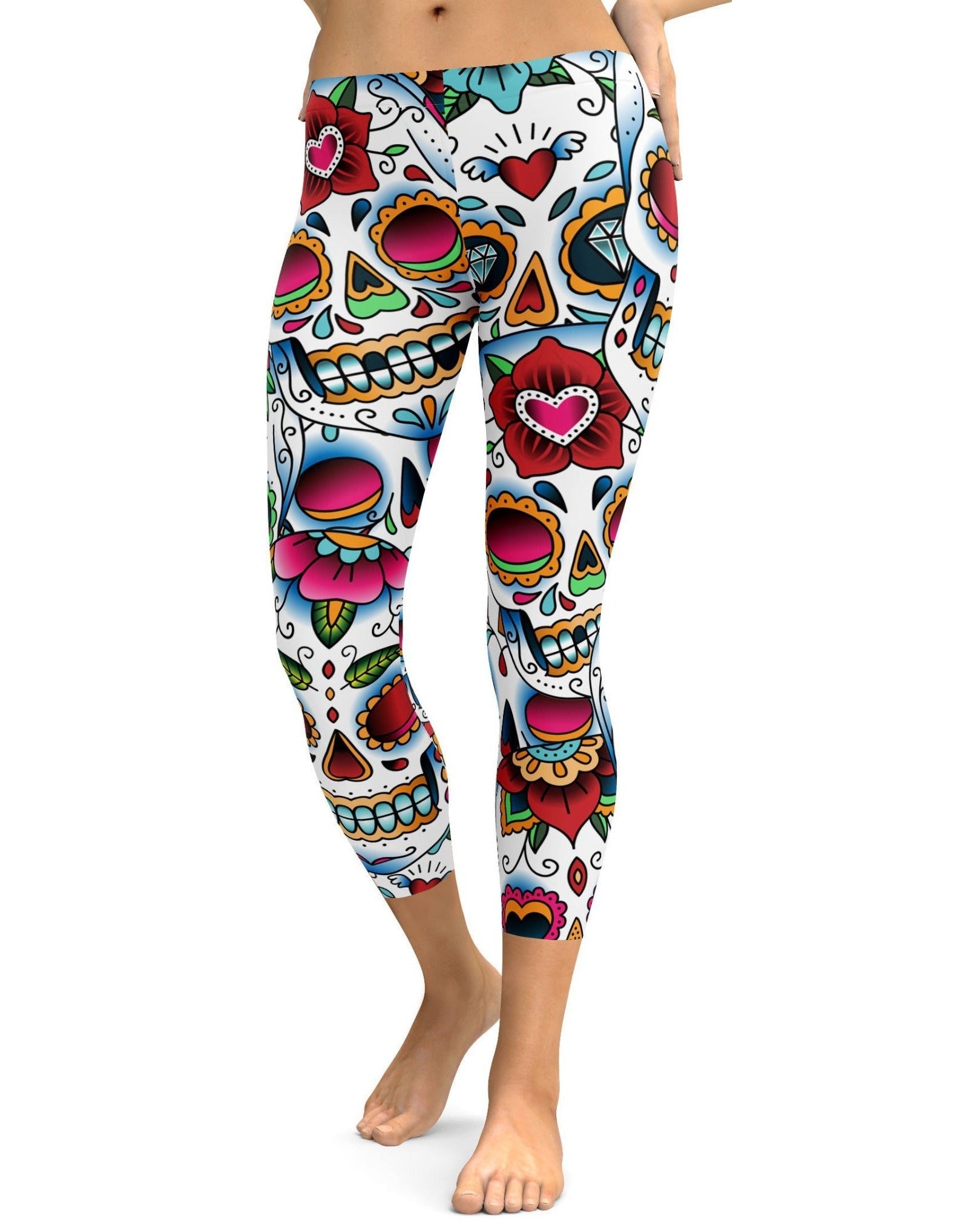 womens comfortable and soft Colorful Dead - Sugar Skull Capris leggings