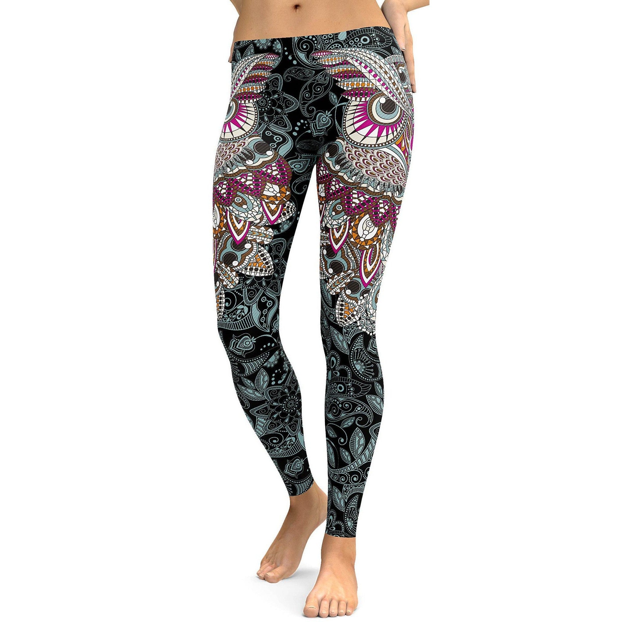 Womens Workout Yoga Ornamental Owl Leggings Pink/White/Black | Gearbunch.com