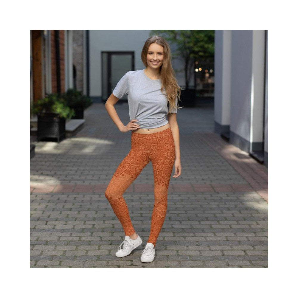 Womens Workout Yoga Apricot Mandala Leggings Red Mehndi