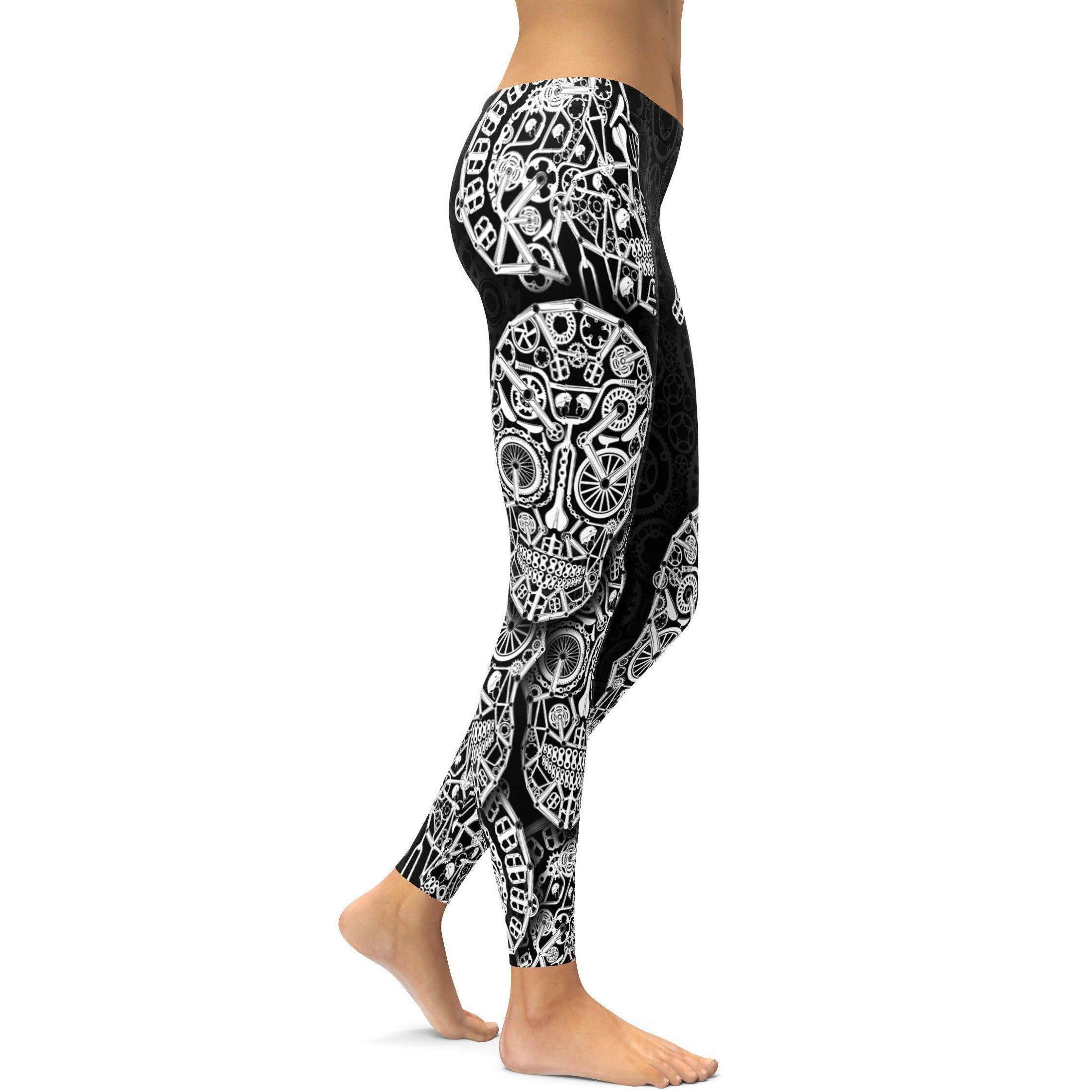 Womens Workout Yoga Bicycle Skull Leggings Black/White