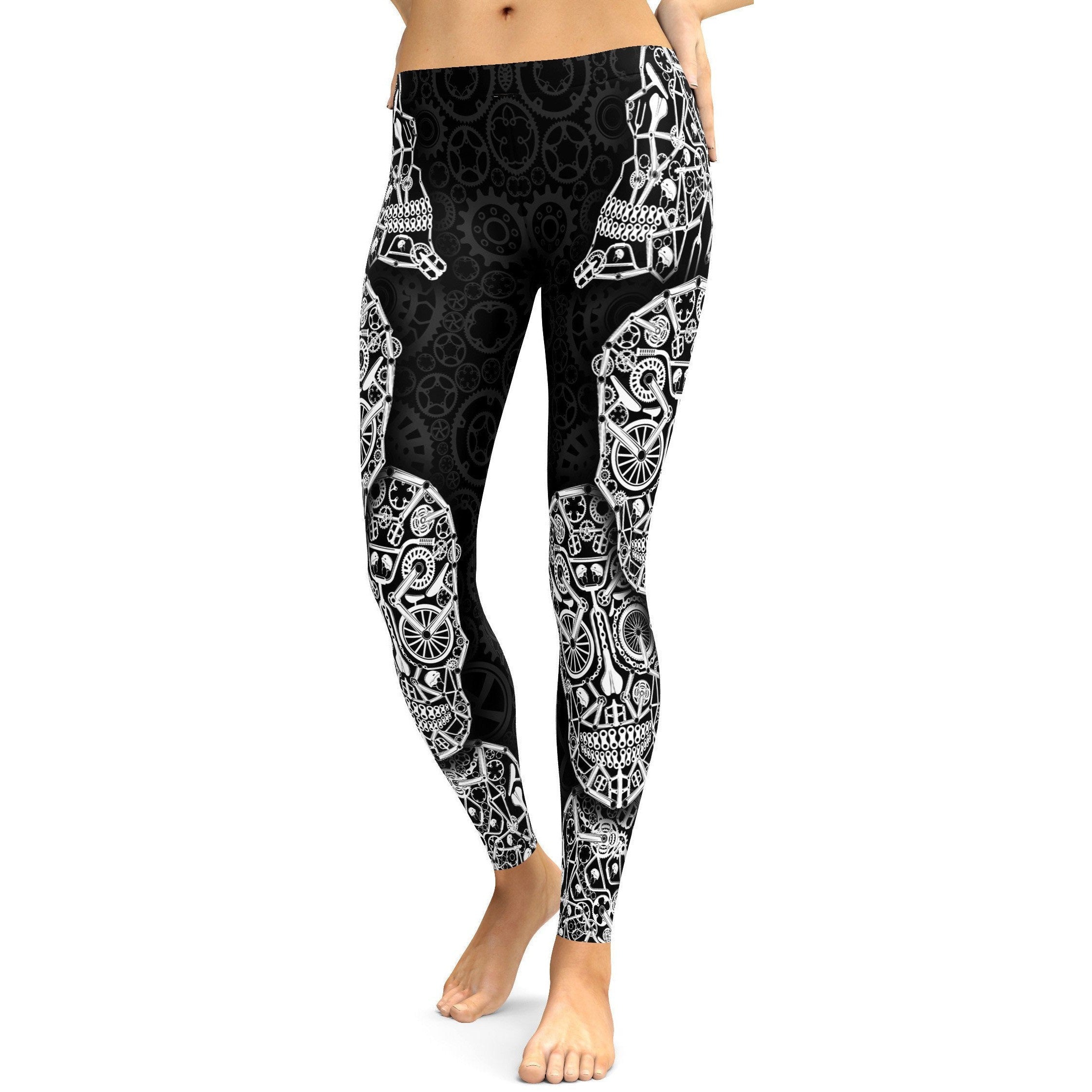 Womens Workout Yoga Bicycle Skull Leggings Black/White | Gear Bunch