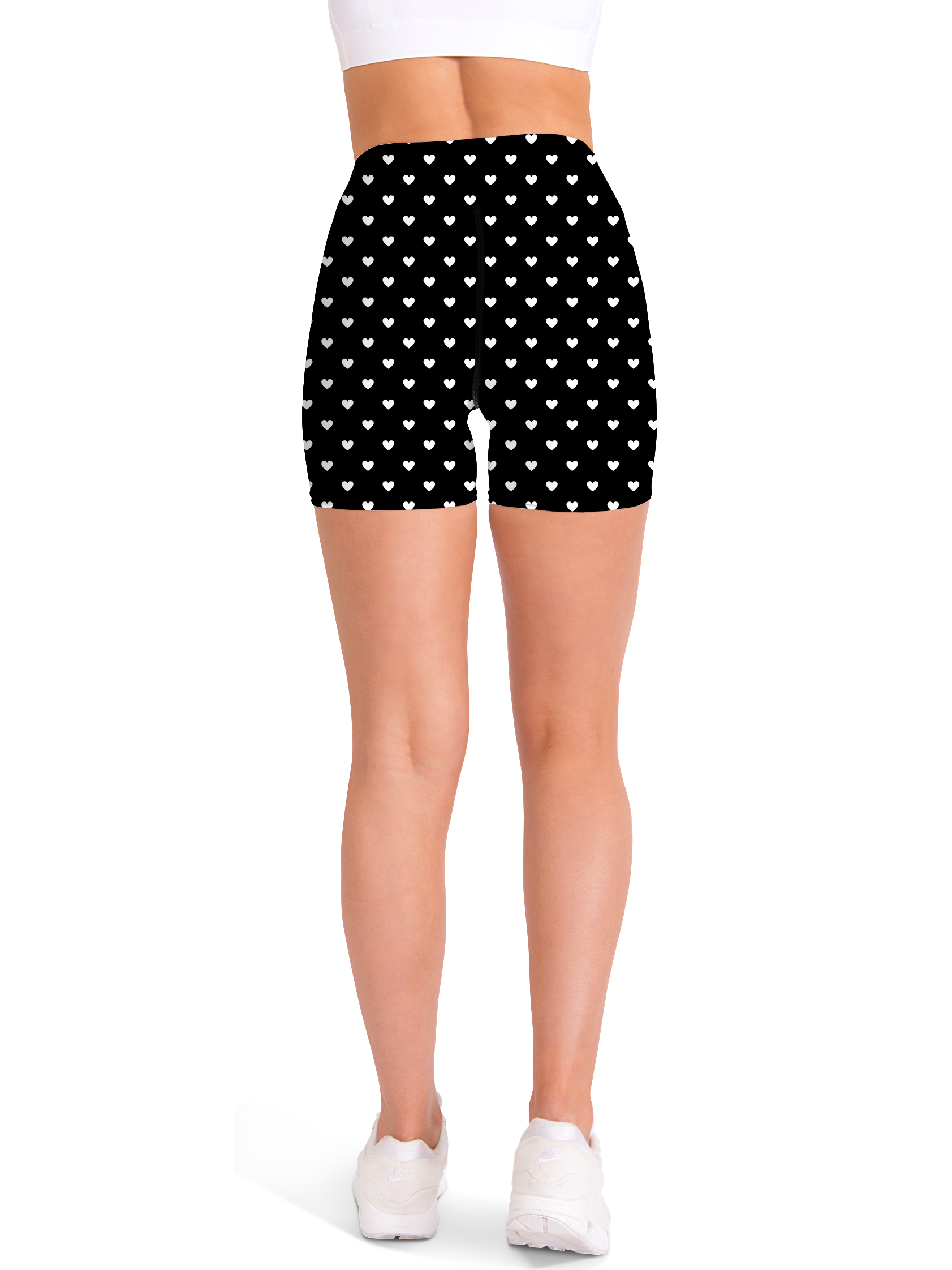 White Mini Hearts Black Yoga Shorts - Gearbunch