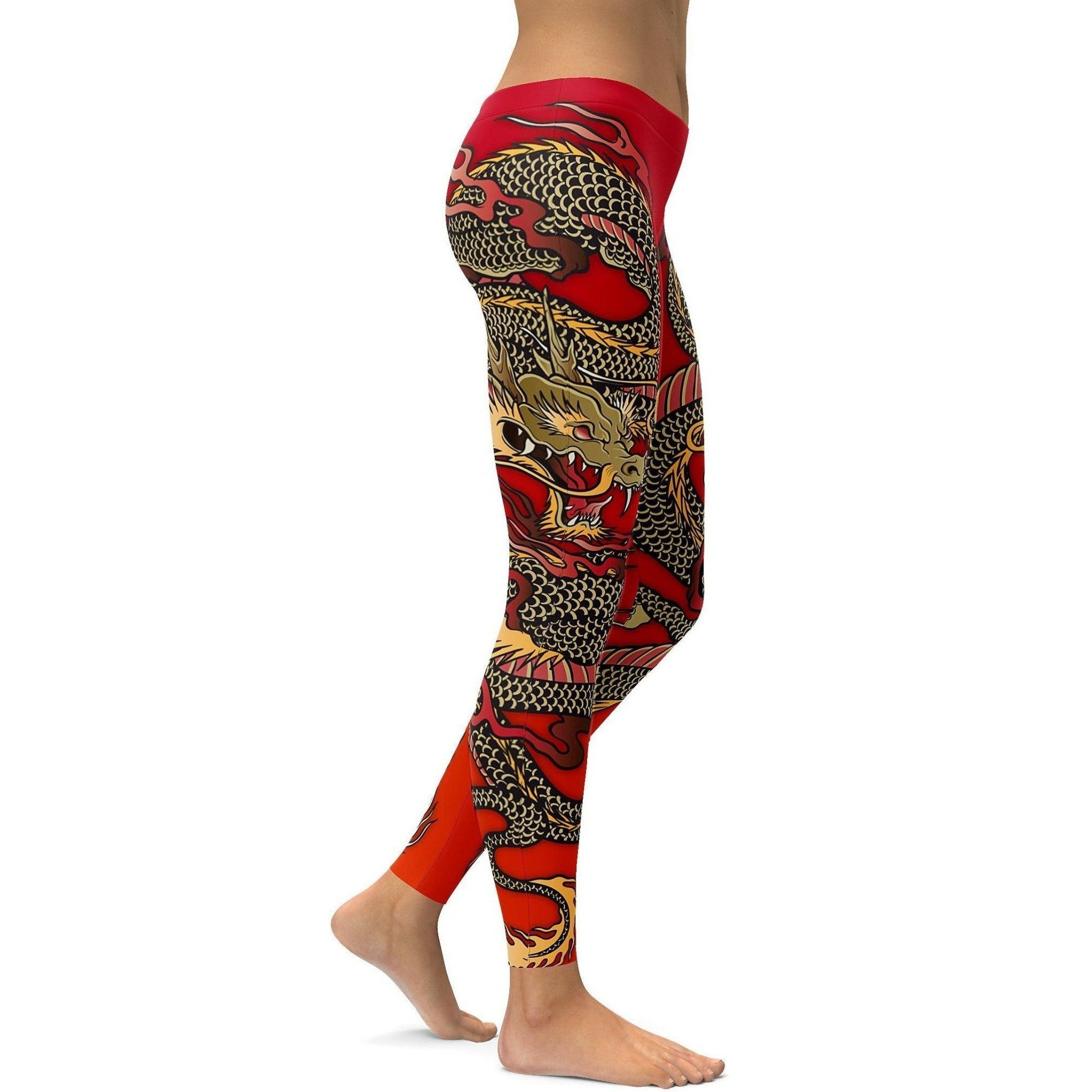 Womens Workout Yoga Chinese Dragon Leggings Red/White/Yellow | Gearbunch.com