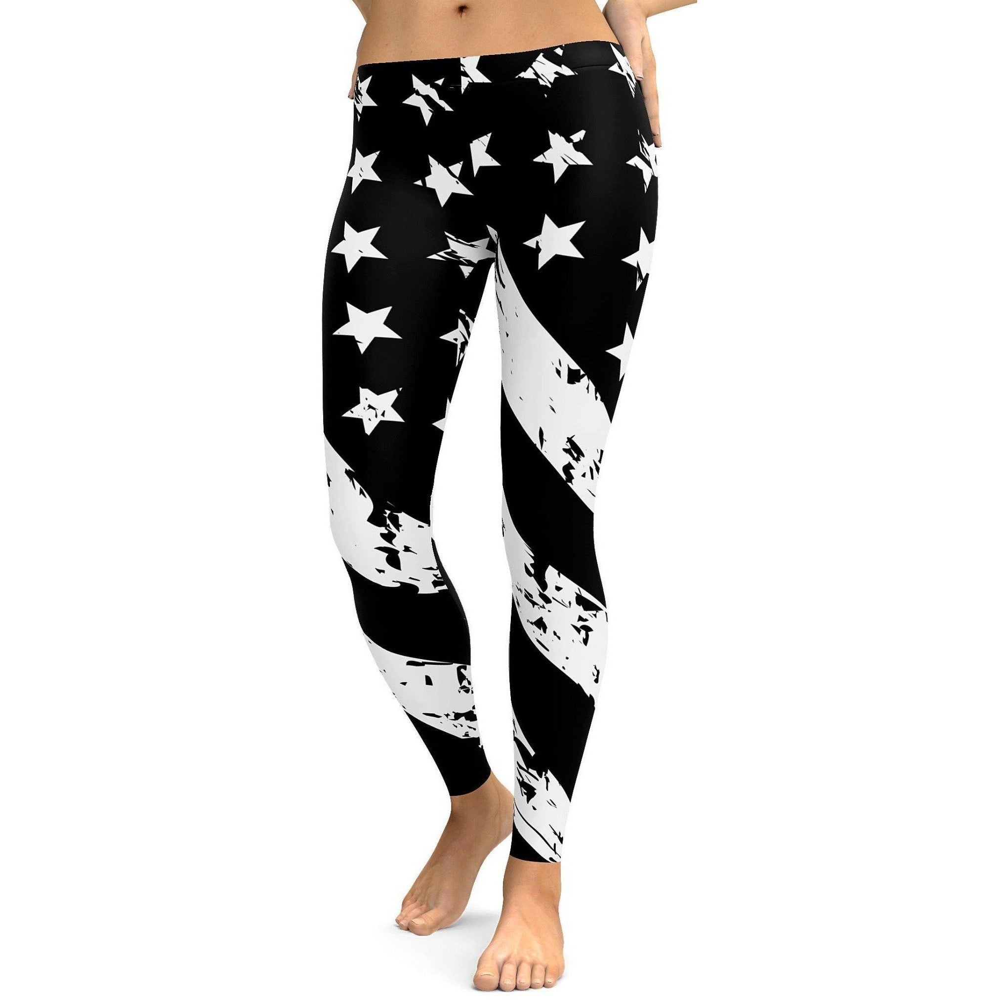 Womens Workout Yoga Black & White American Flag Leggings | Gear Bunch