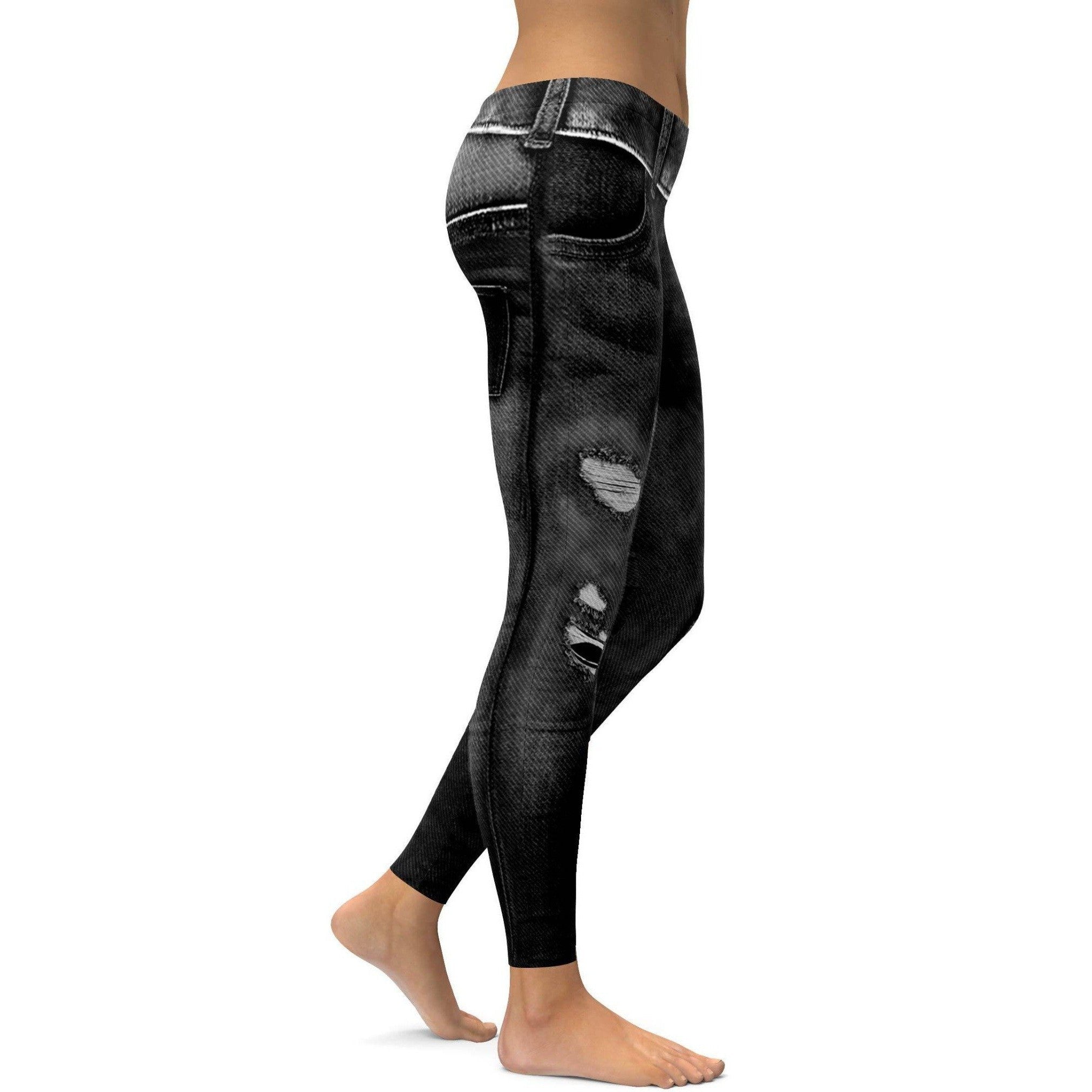 Womens Workout Yoga Realistic Black Distressed Denim Jeans Leggings | Gearbunch.com