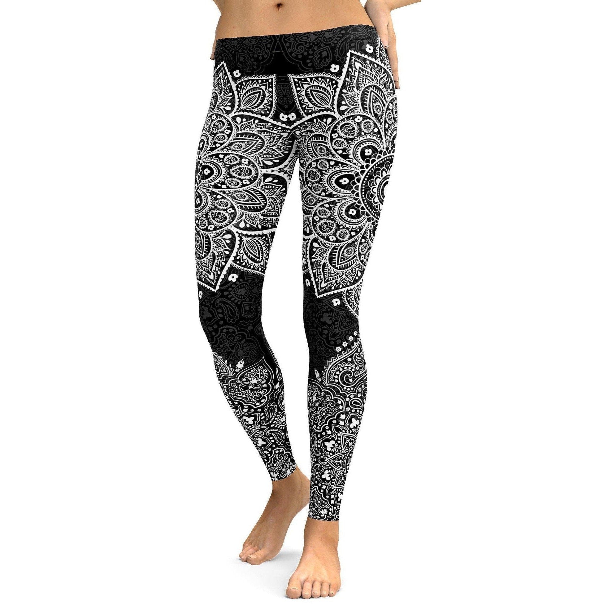 Womens Workout Yoga Black & White Mandala Leggings Black/White | Gearbunch.com