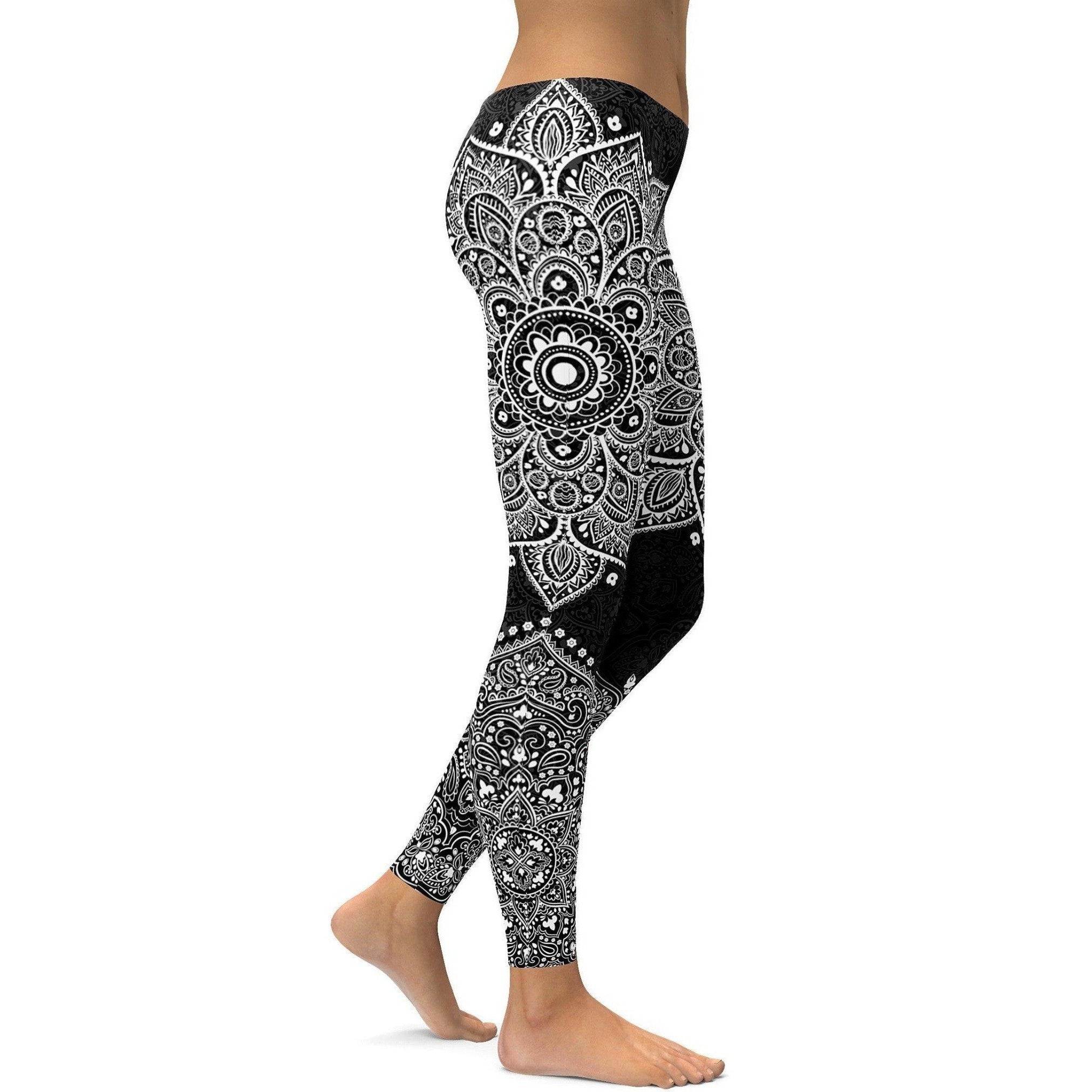 Womens Workout Yoga Black & White Mandala Leggings Black/White | Gearbunch.com
