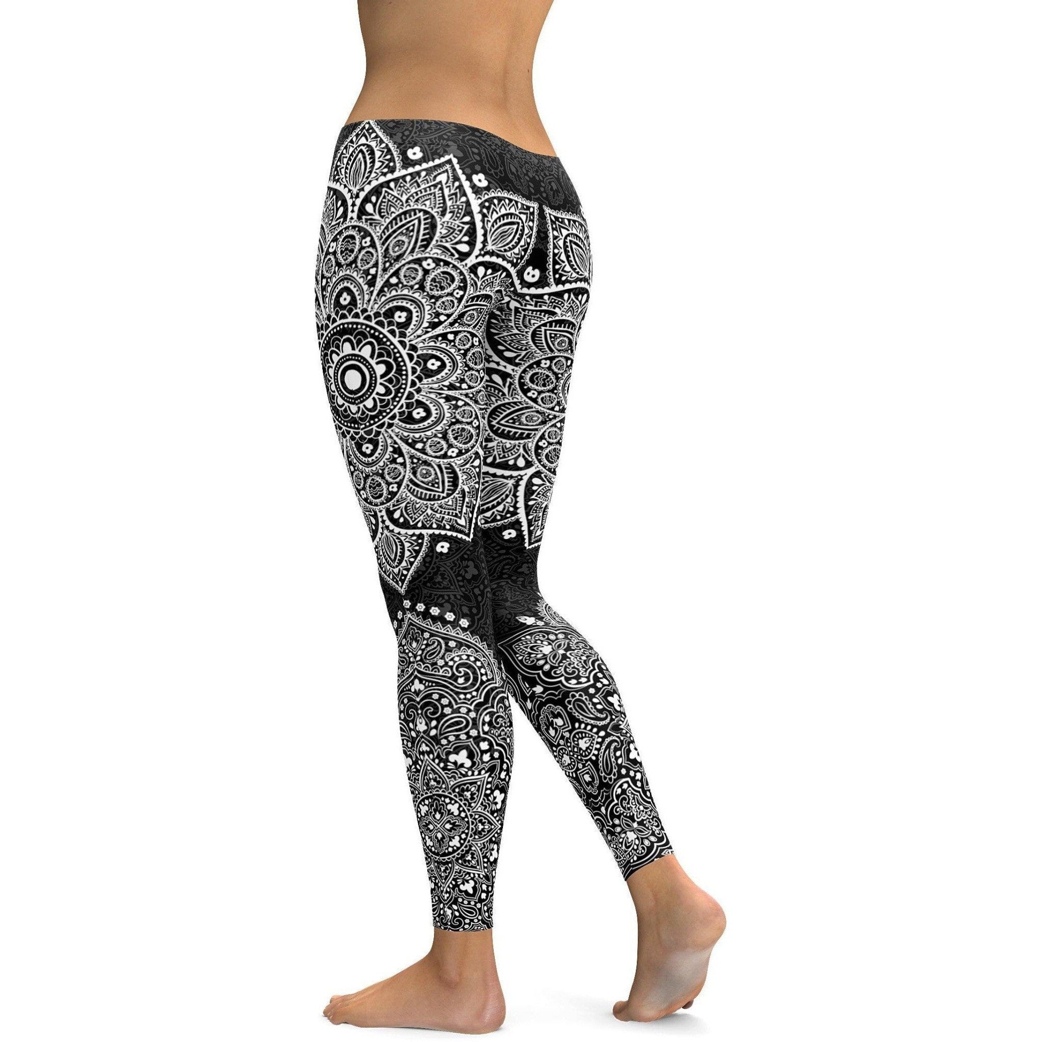 Womens Workout Yoga Black & White Mandala Leggings Black/White | Gearbunch.com