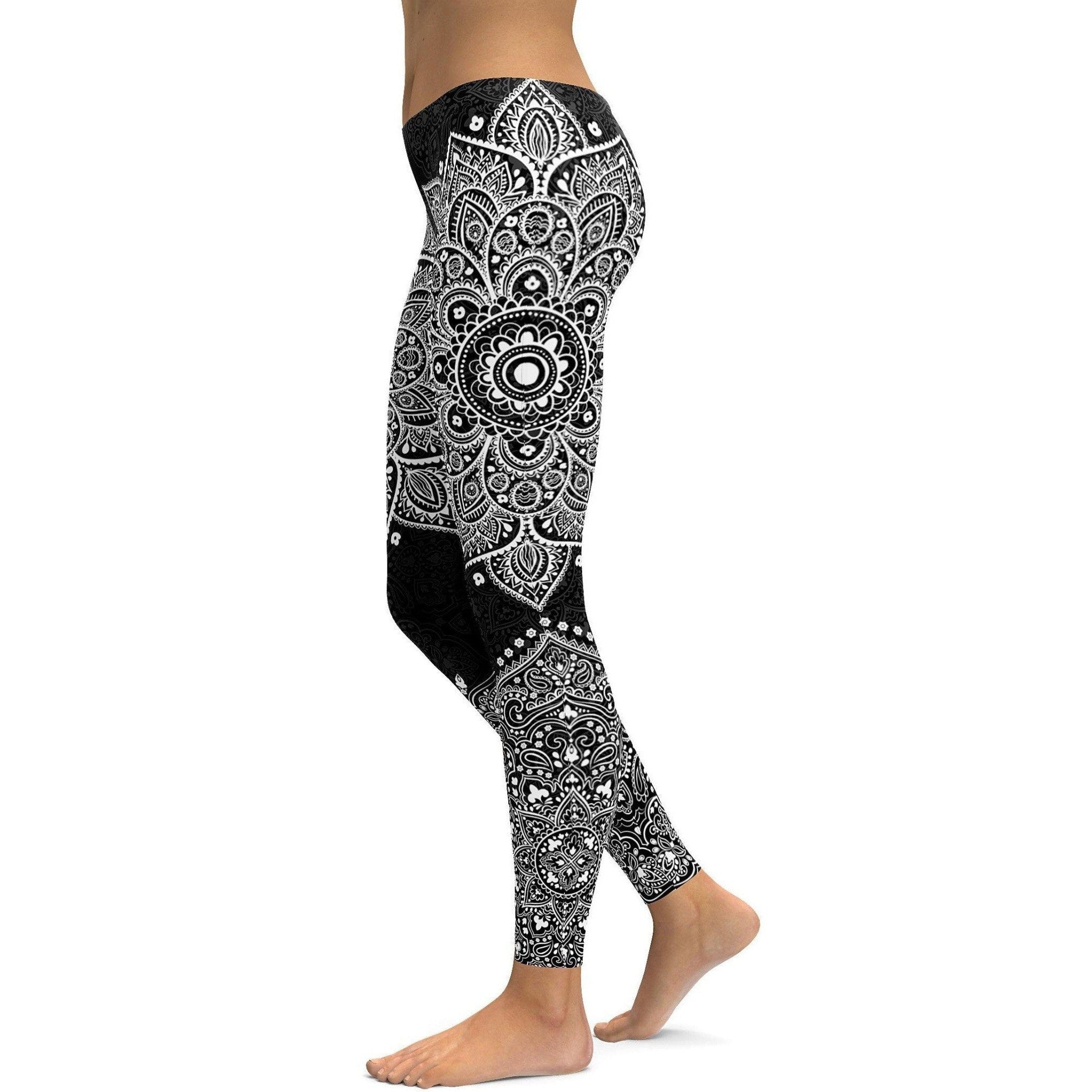 Womens Workout Yoga Black & White Mandala Leggings Black/White | Gearbunch.com