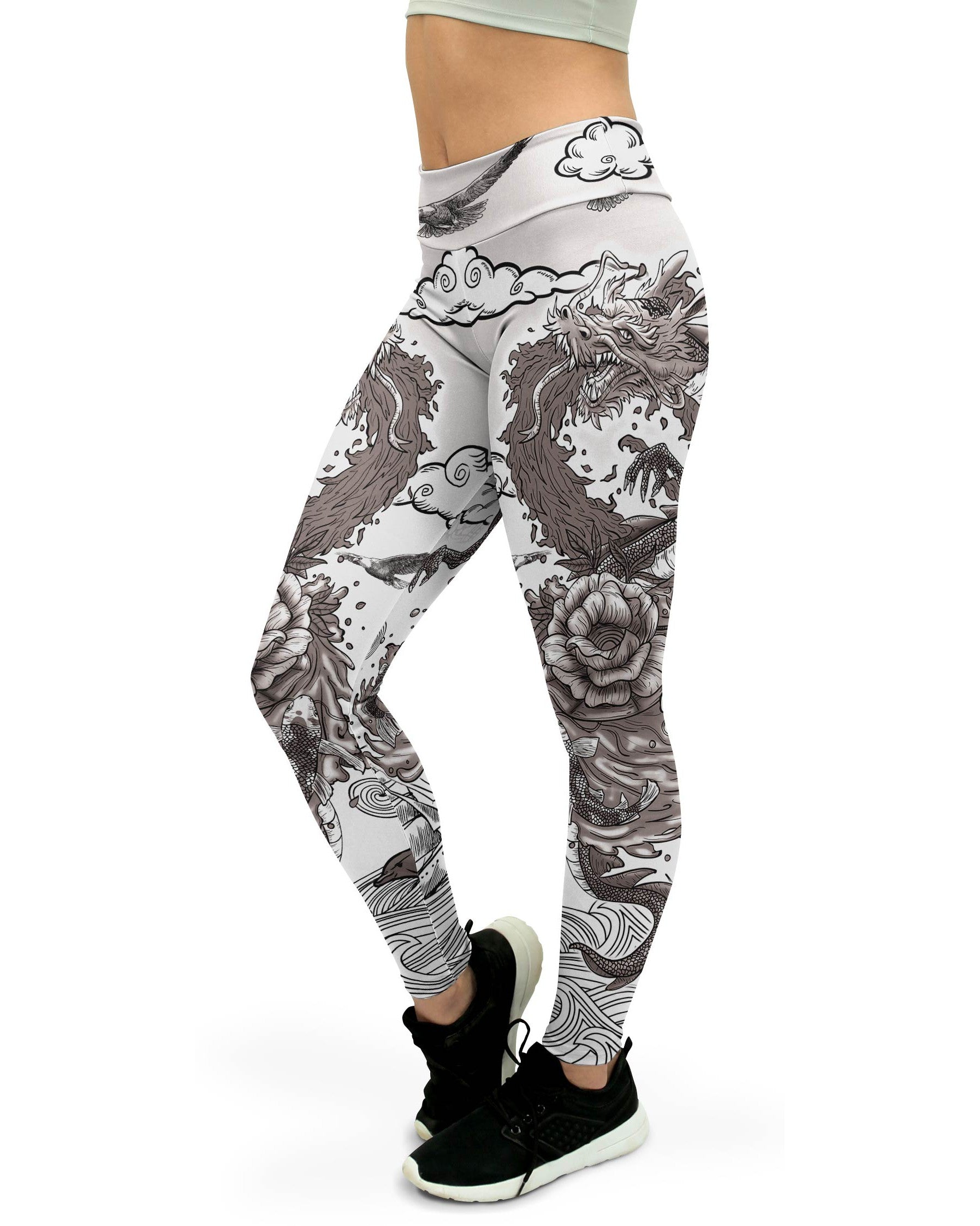 Black and White Tattooed Dragon Womens Yoga Pants GearBunch
