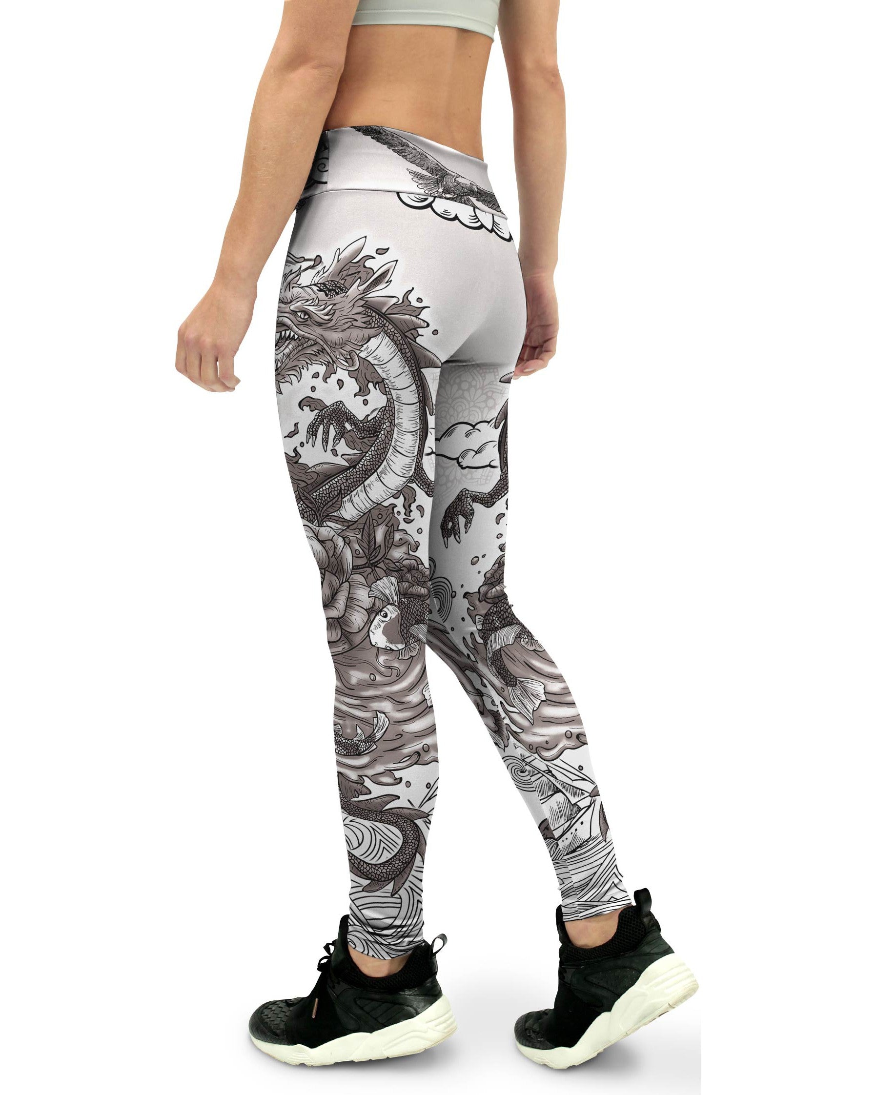 Black and White Tattooed Dragon Womens Yoga Pants GearBunch