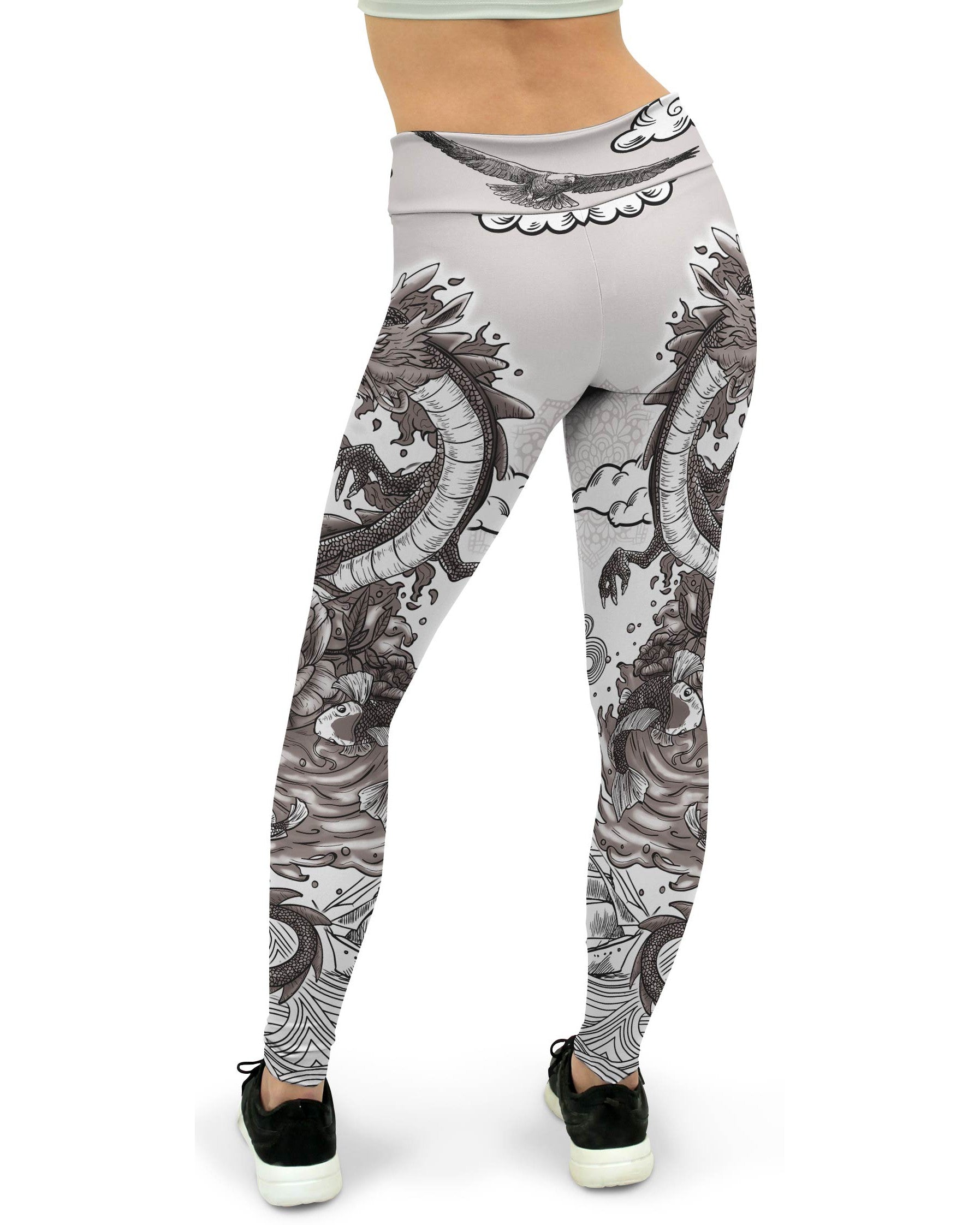 Black and White Tattooed Dragon Womens Yoga Pants GearBunch