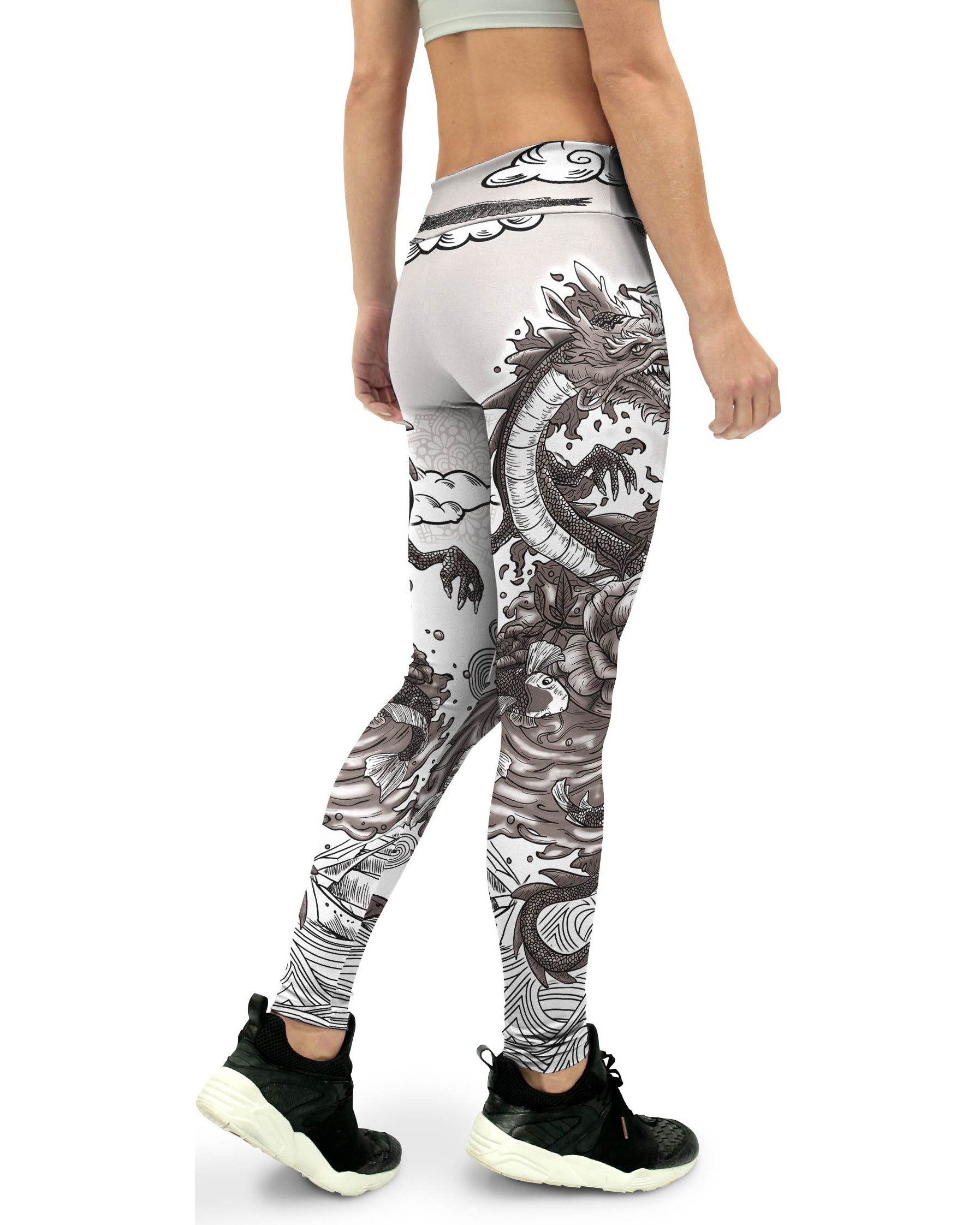 Black and White Tattooed Dragon Womens Yoga Pants GearBunch