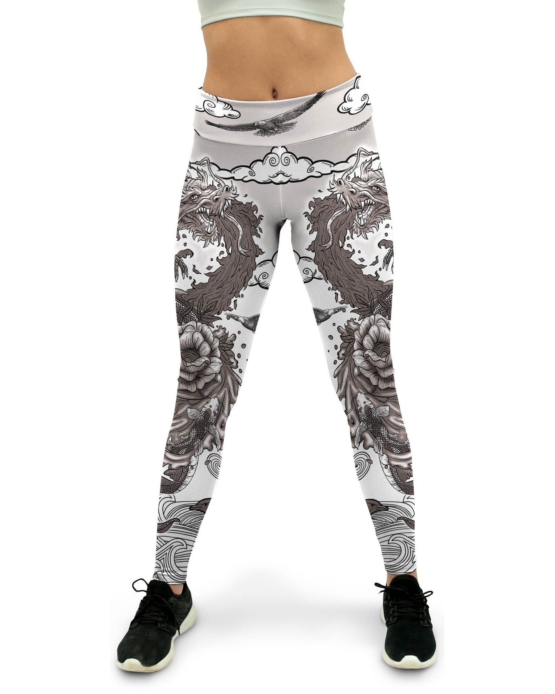 Black and White Tattooed Dragon Womens Yoga Pants GearBunch