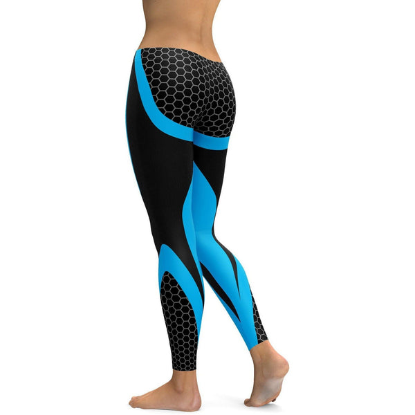 Womens Workout Yoga Blue Honeycomb Carbon Leggings Blue/Black