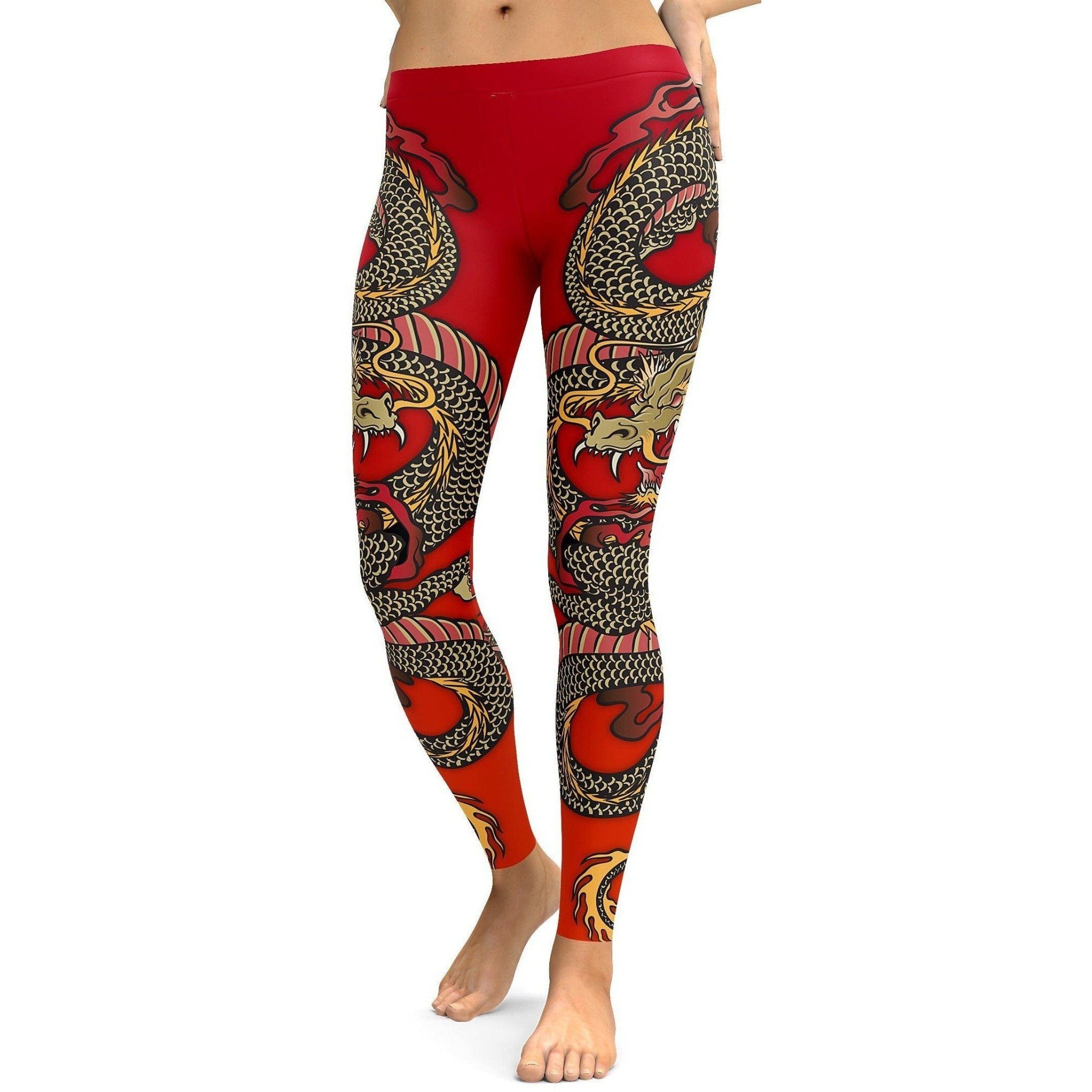 Womens Workout Yoga Chinese Dragon Leggings Red/White/Yellow | Gearbunch.com