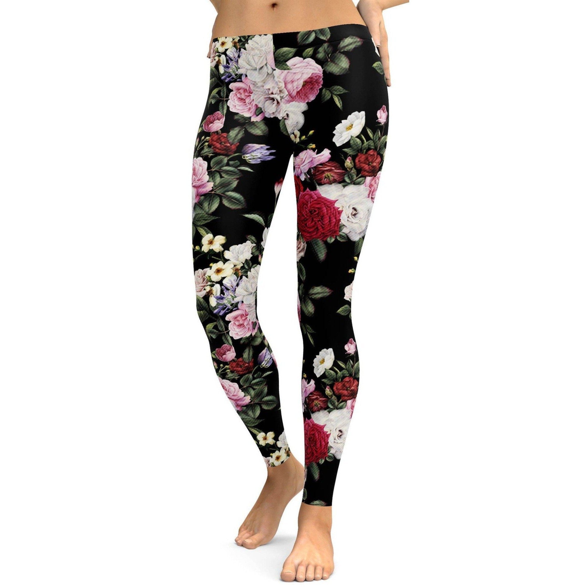 Womens Workout Yoga Colorful Roses Leggings Pink/White/Black | Gearbunch.com