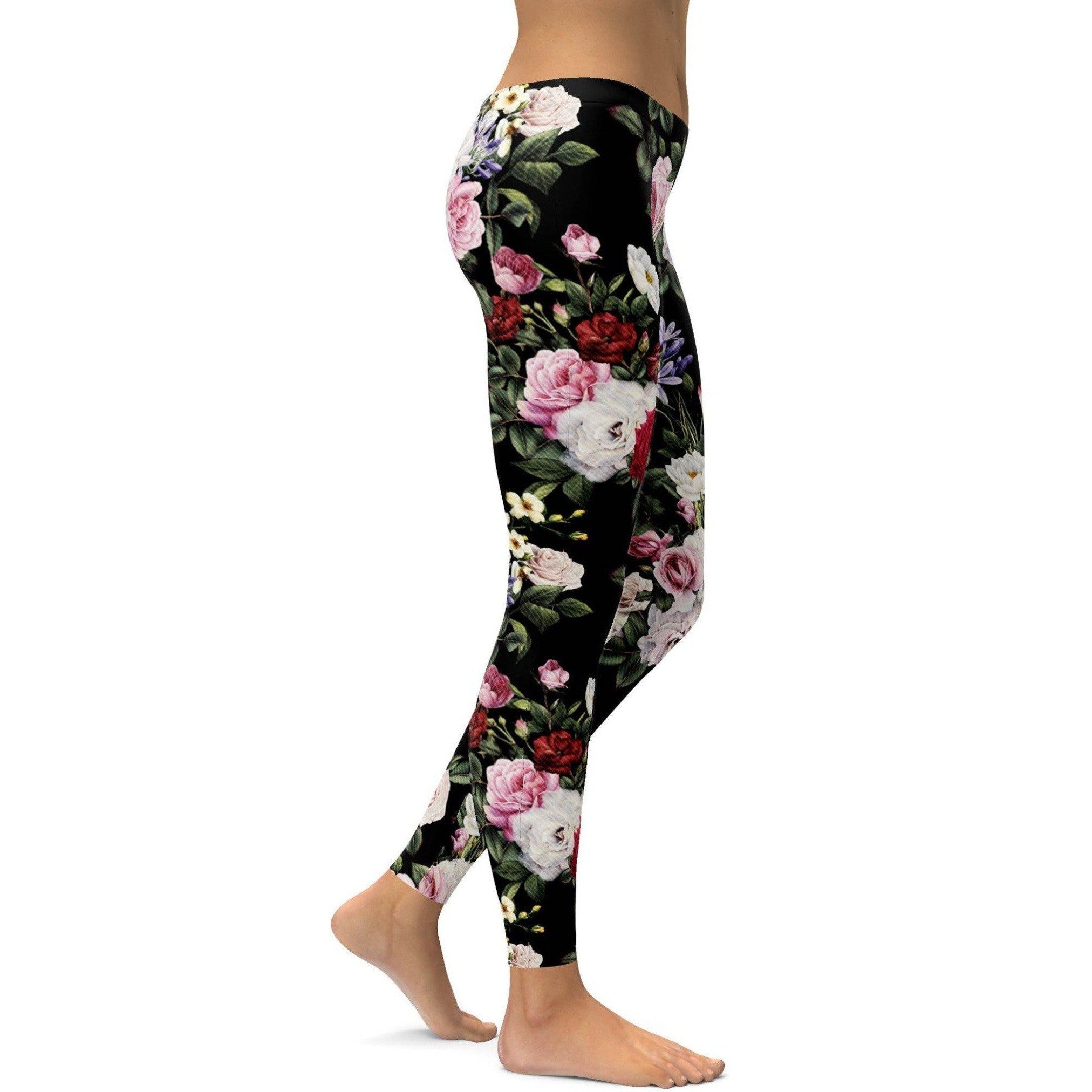 Womens Workout Yoga Colorful Roses Leggings Pink/White/Black | Gearbunch.com