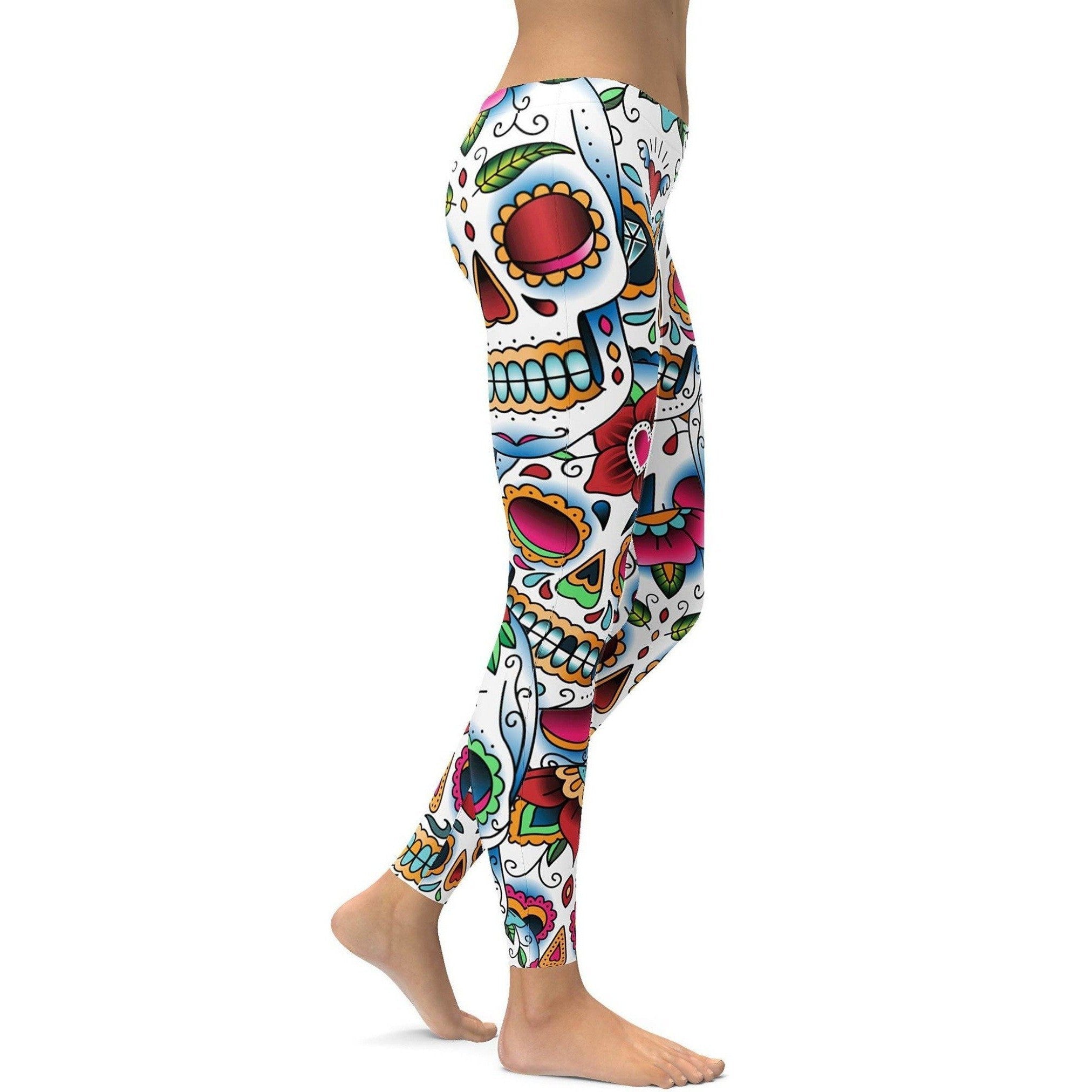 Womens Workout Yoga Colorful Dead - Sugar Skull Leggings White/Red/Green/Blue | Gearbunch.com