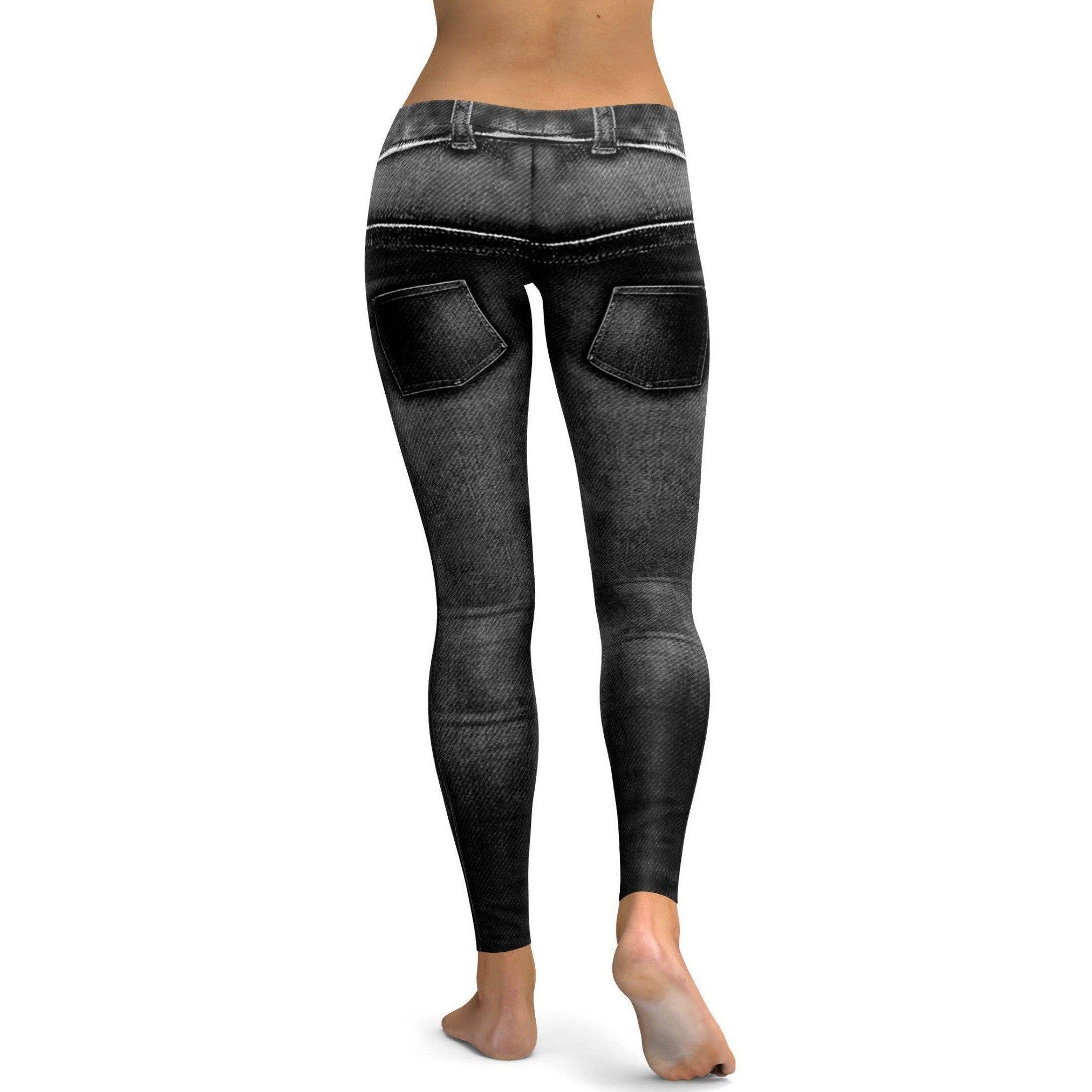 Womens Workout Yoga Realistic Black Distressed Denim Jeans Leggings | Gearbunch.com