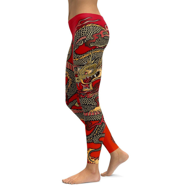 Womens Workout Yoga Chinese Dragon Leggings Red/White