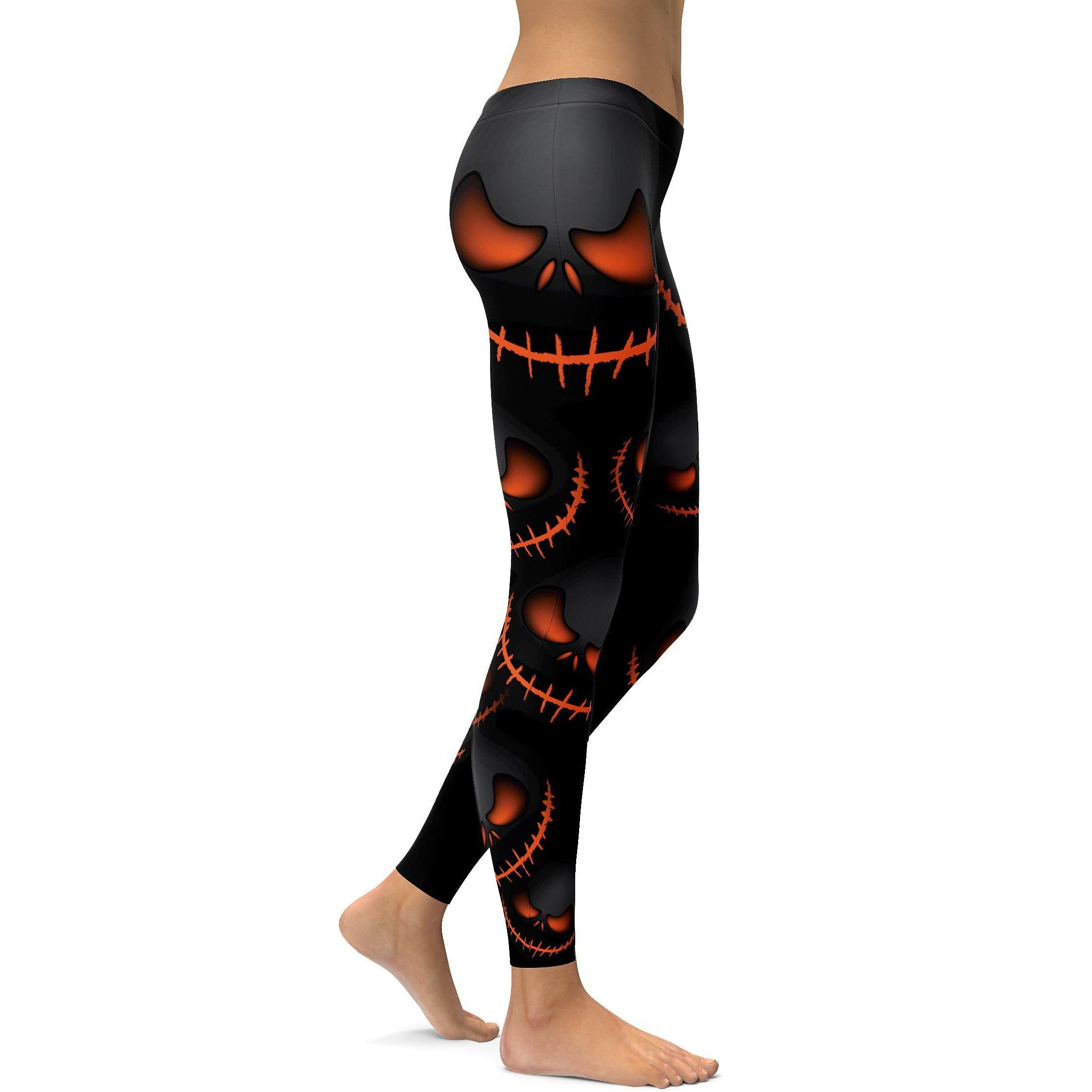 Womens Workout Yoga Halloween Evil Pumpkin Grin Leggings Black/Orange | Gearbunch.com