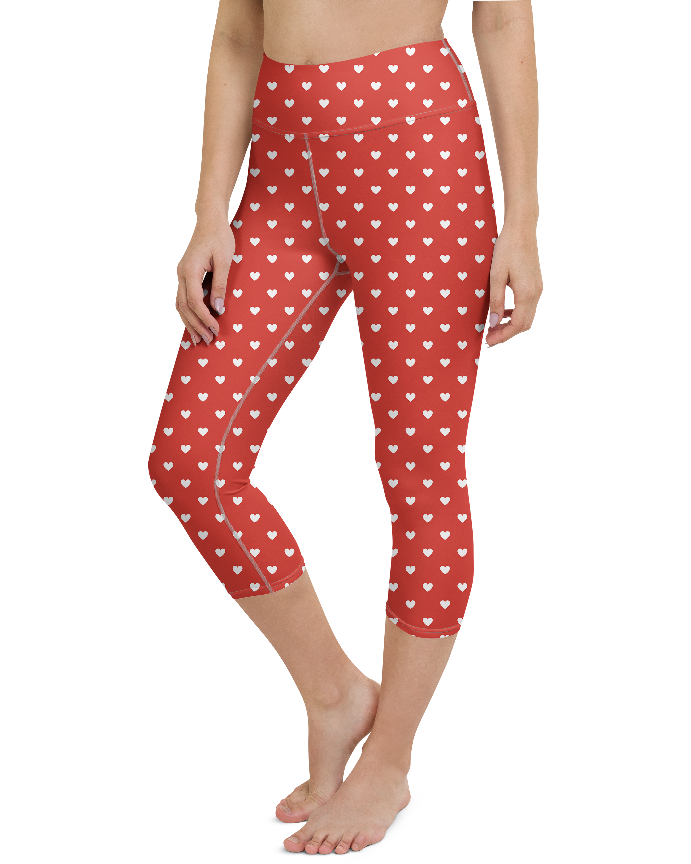 White Mini Hearts Red Yoga Capris - Gearbunch
