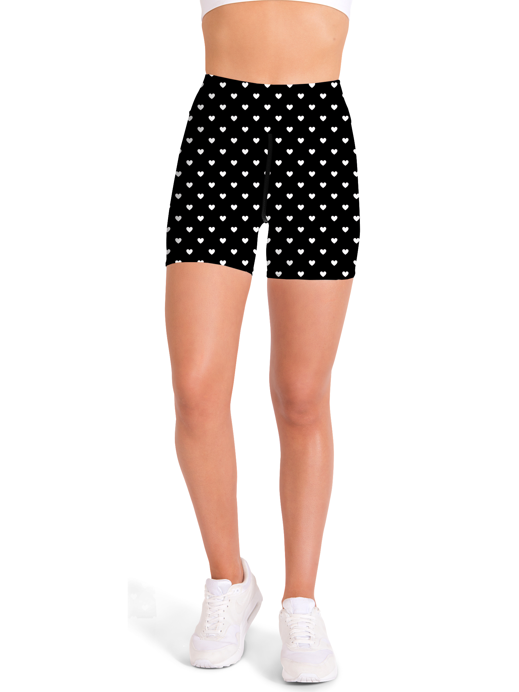 White Mini Hearts Black Yoga Shorts - Gearbunch