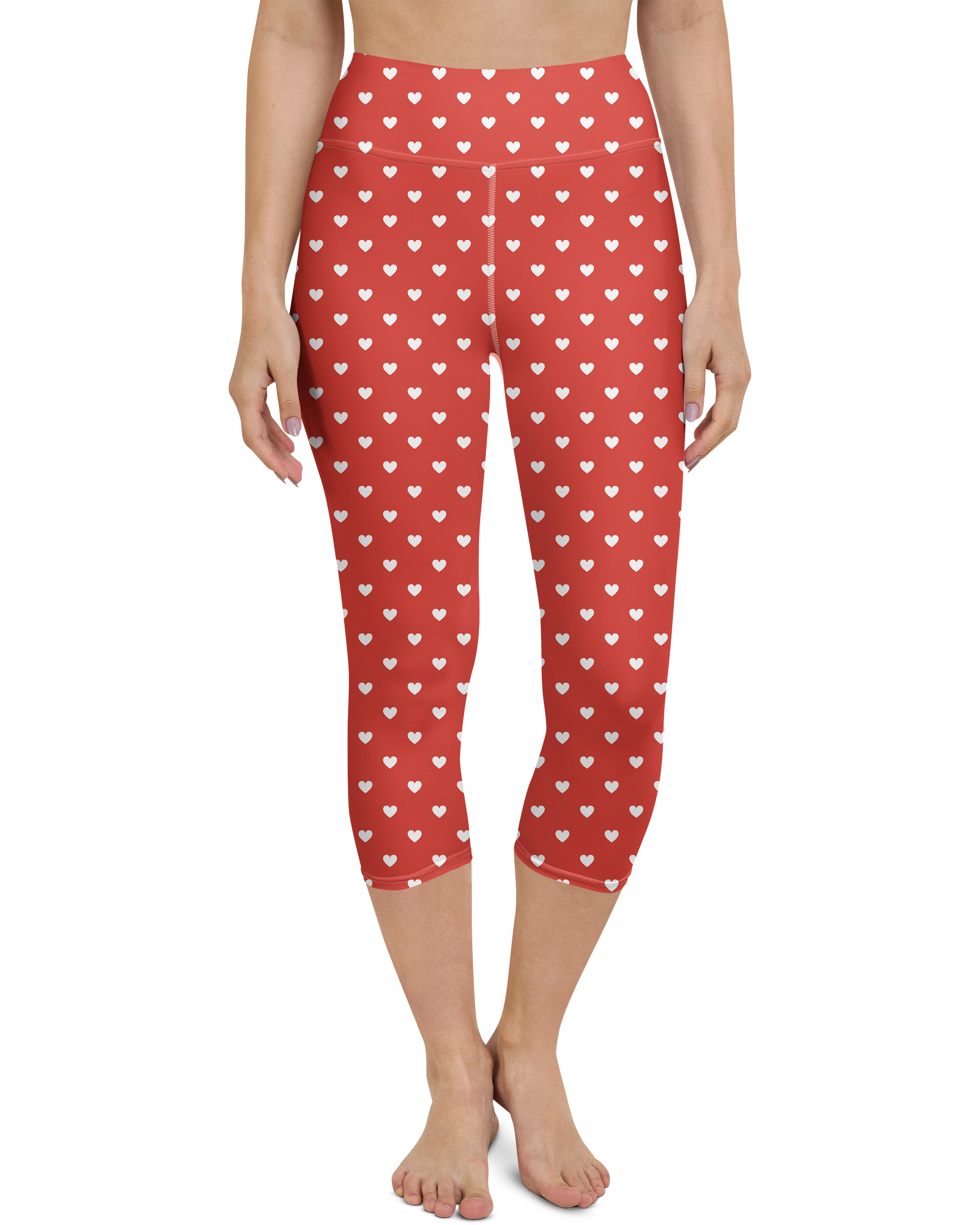 White Mini Hearts Red Yoga Capris - Gearbunch