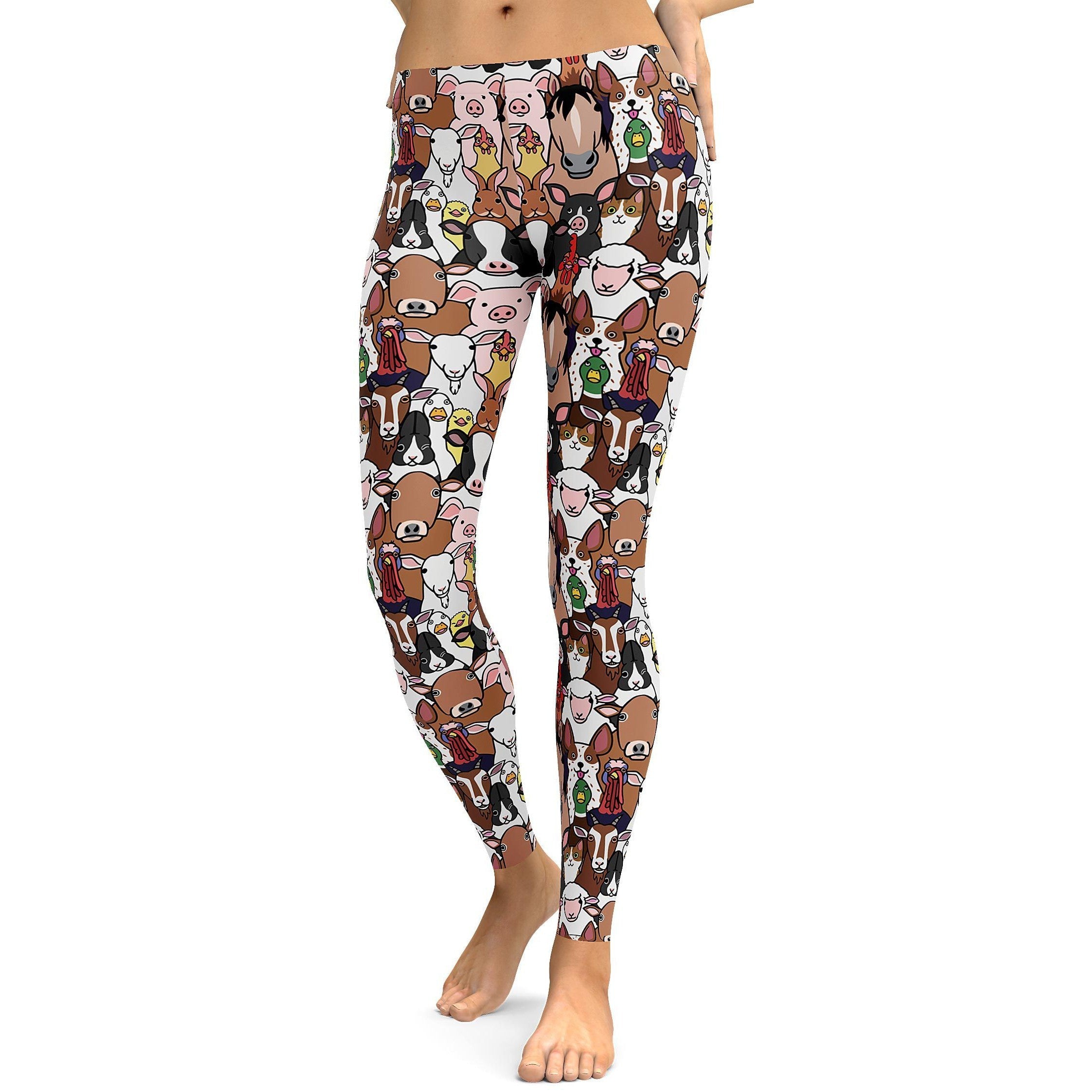 Womens Workout Yoga Farm Animals Leggings Brown/Pink/White | Gearbunch.com
