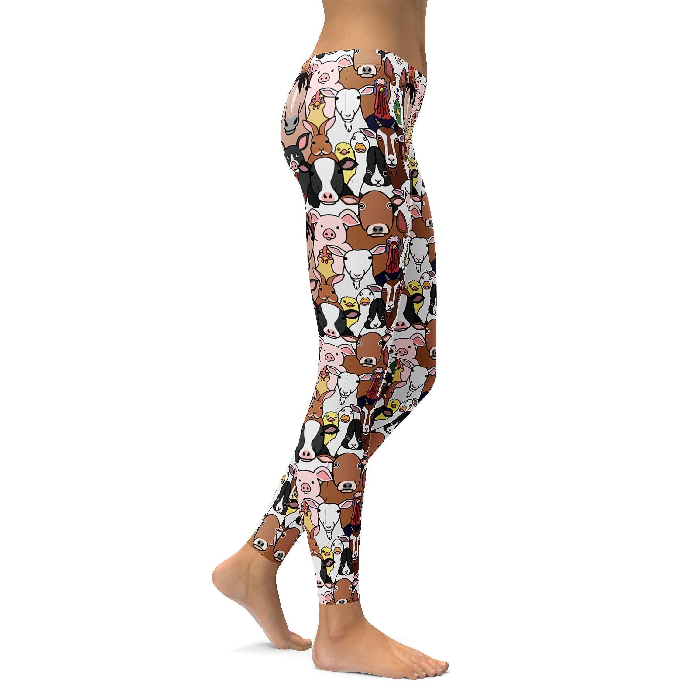Womens Workout Yoga Farm Animals Leggings Brown/Pink/White | Gearbunch.com