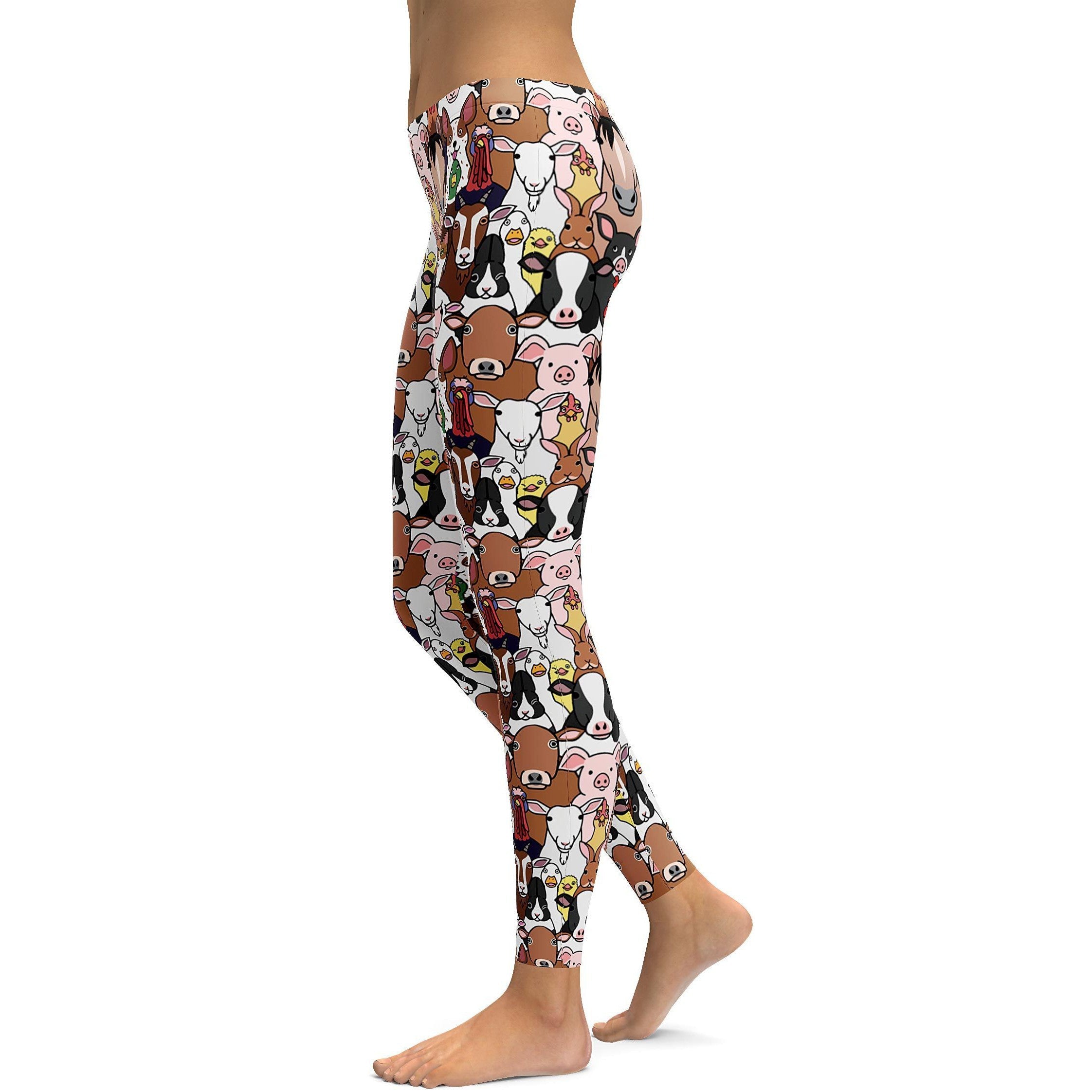 Womens Workout Yoga Farm Animals Leggings Brown/Pink/White | Gearbunch.com