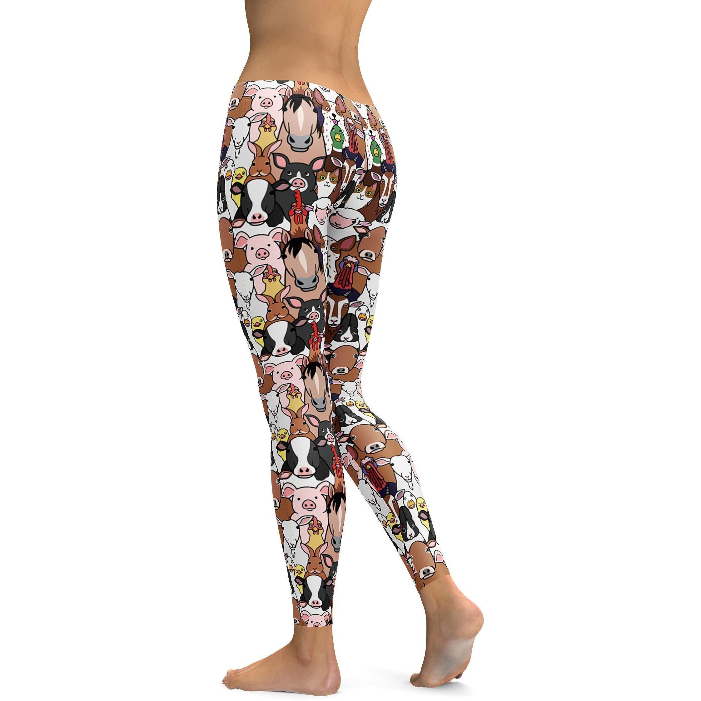 Womens Workout Yoga Farm Animals Leggings Brown/Pink/White | Gearbunch.com