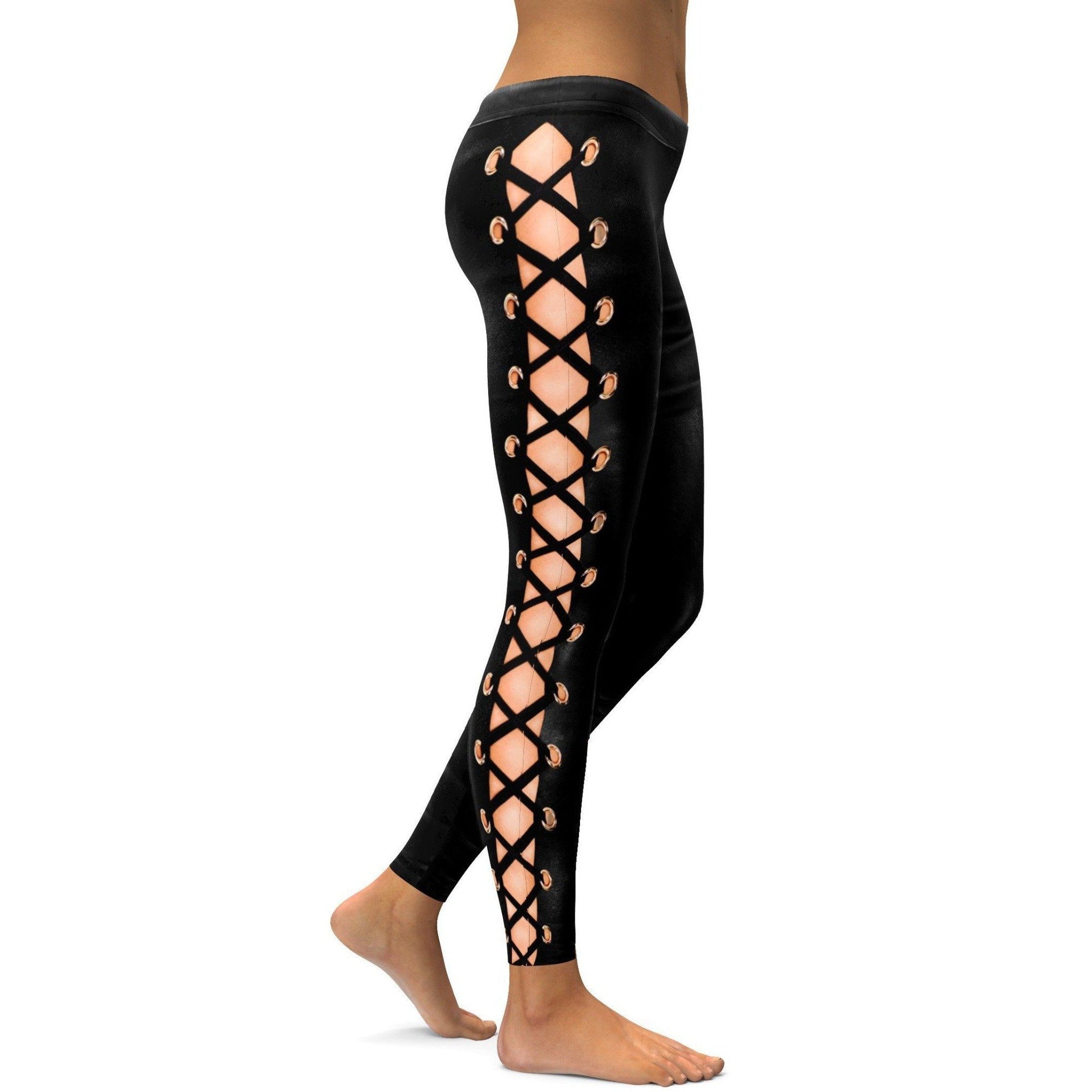 Womens Workout Yoga Faux Leather Lace Up Leggings Black/Brown | Gearbunch.com