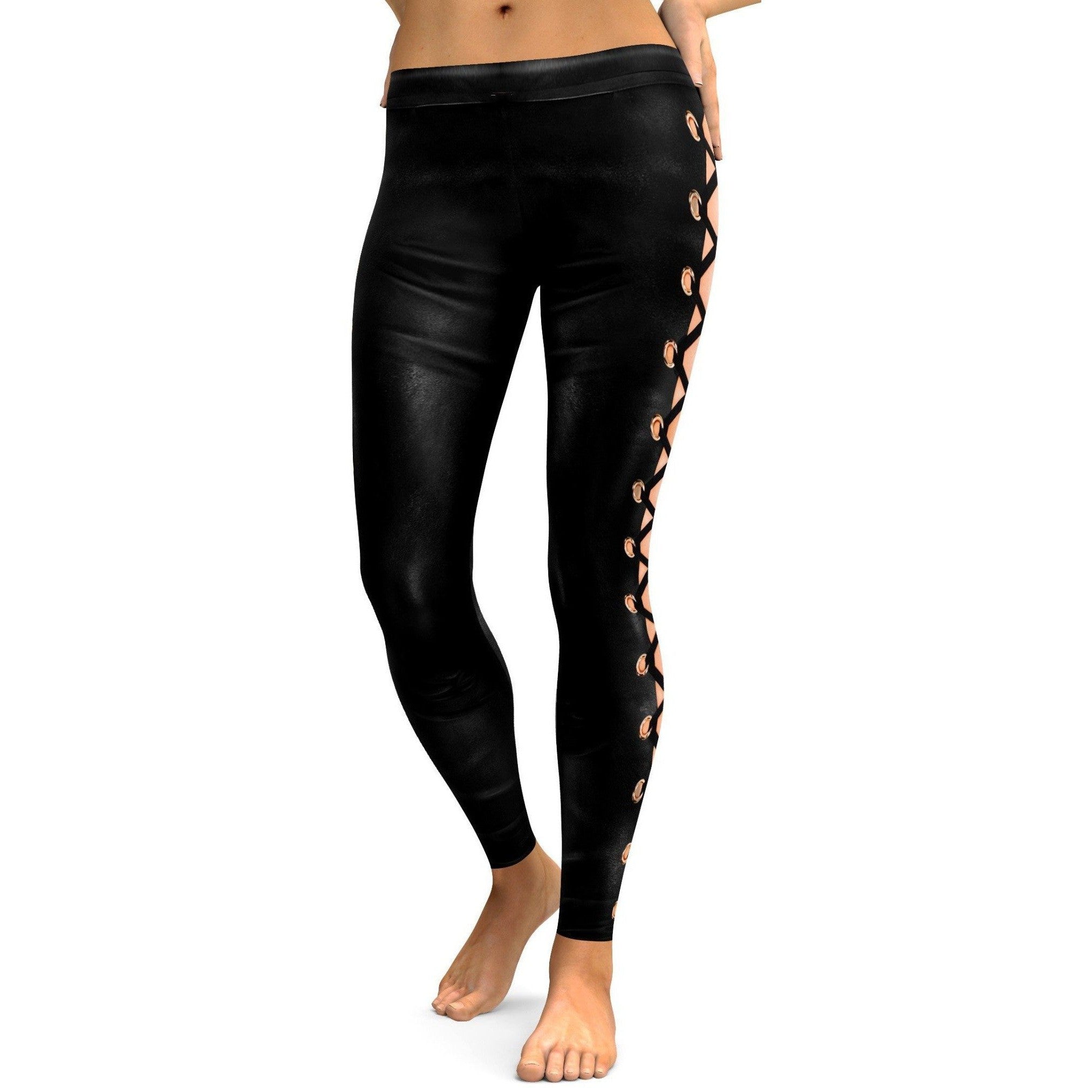 Womens Workout Yoga Faux Leather Lace Up Leggings Black/Brown | Gearbunch.com