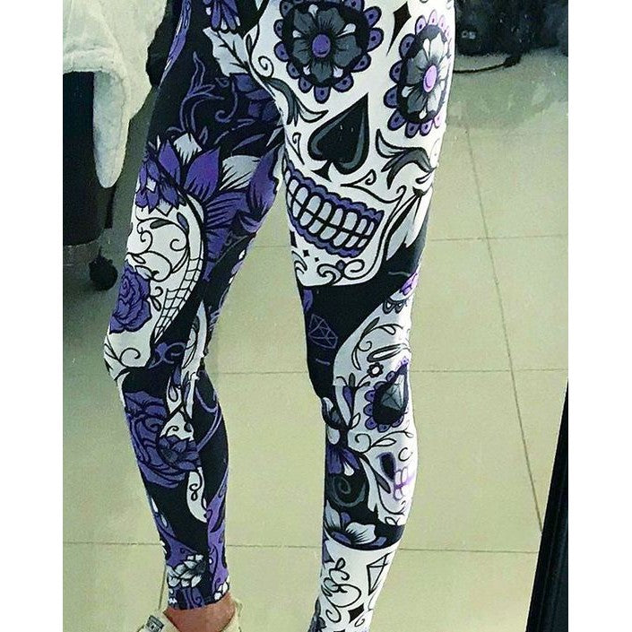 Womens Workout Yoga Purple Sugar Skull Leggings White/Purple/Black | Gearbunch.com