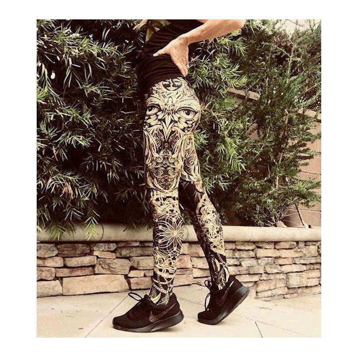 Womens Workout Yoga Golden Ornamental Owl Leggings Black/Gold | Gearbunch.com
