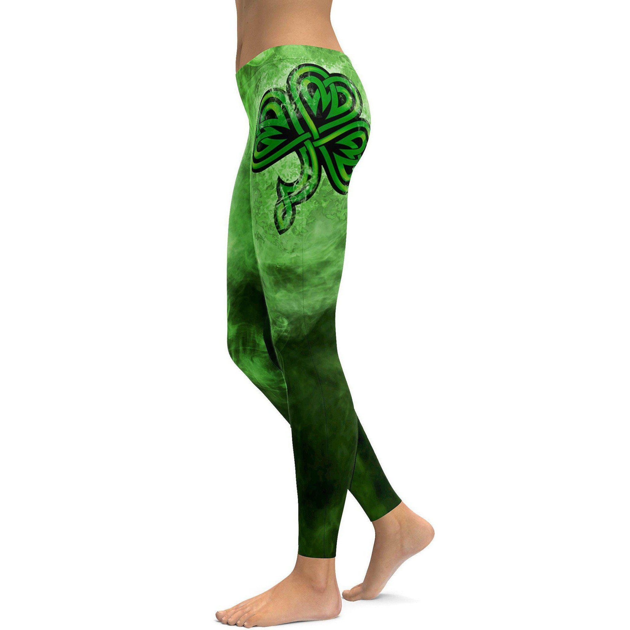 Womens Workout Yoga Irish Smoking Shamrock Leggings Green/Black | Gearbunch.com