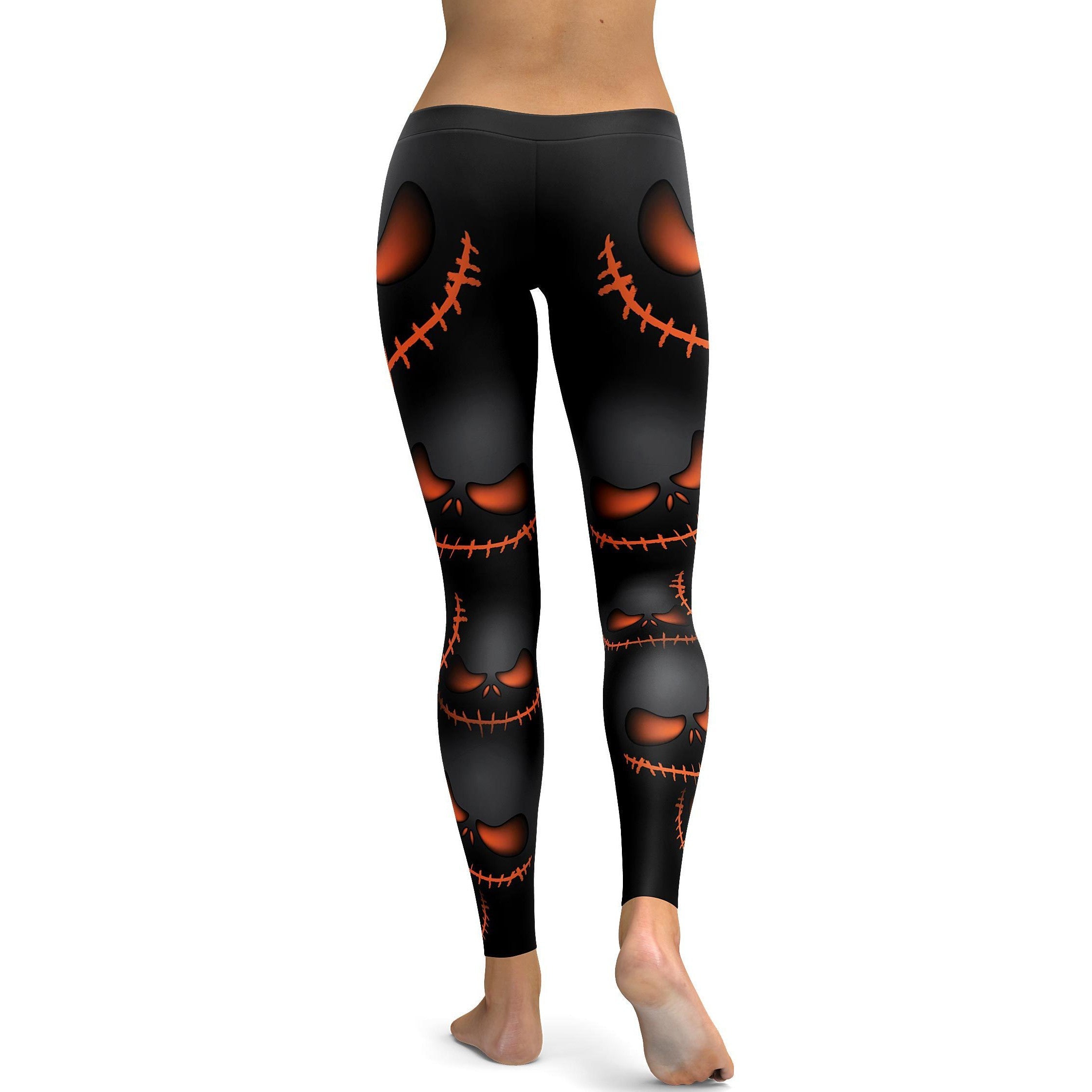 Womens Workout Yoga Halloween Evil Pumpkin Grin Leggings Black/Orange | Gearbunch.com