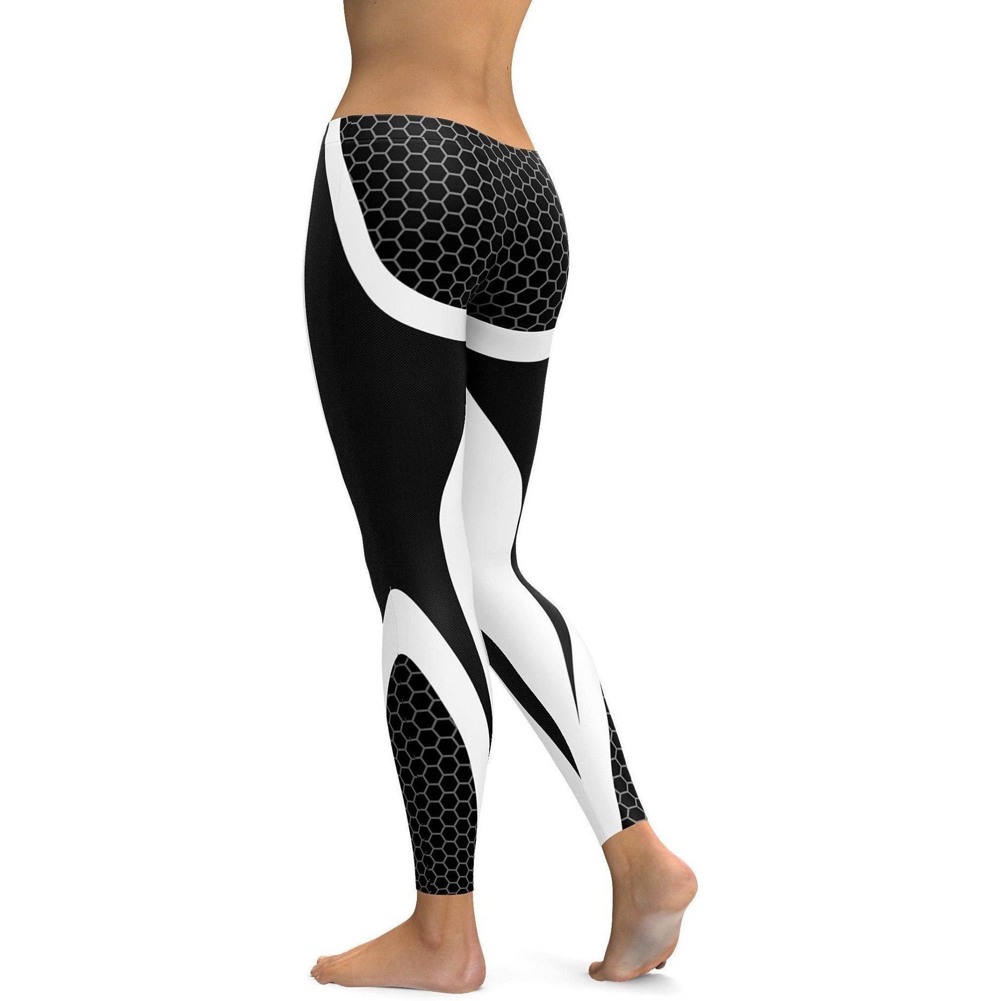 Womens Workout Yoga Black & White Honeycomb Carbon Legging Black/White  | Gearbunch.com