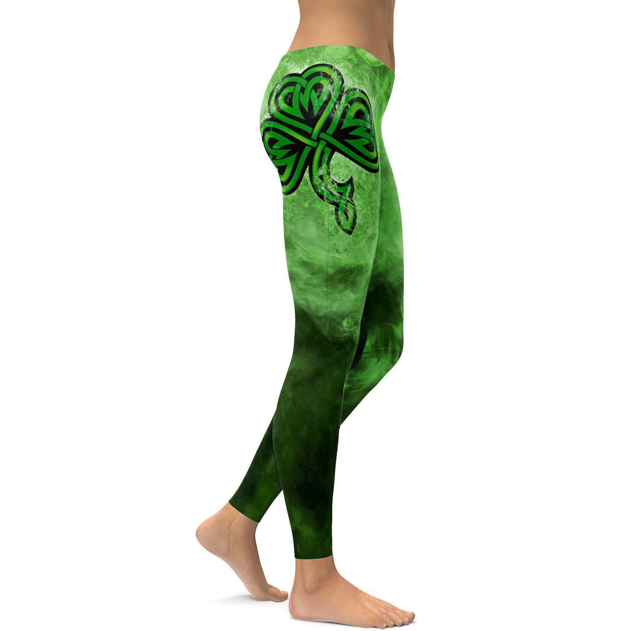 Womens Workout Yoga Irish Smoking Shamrock Leggings Green/Black | Gearbunch.com