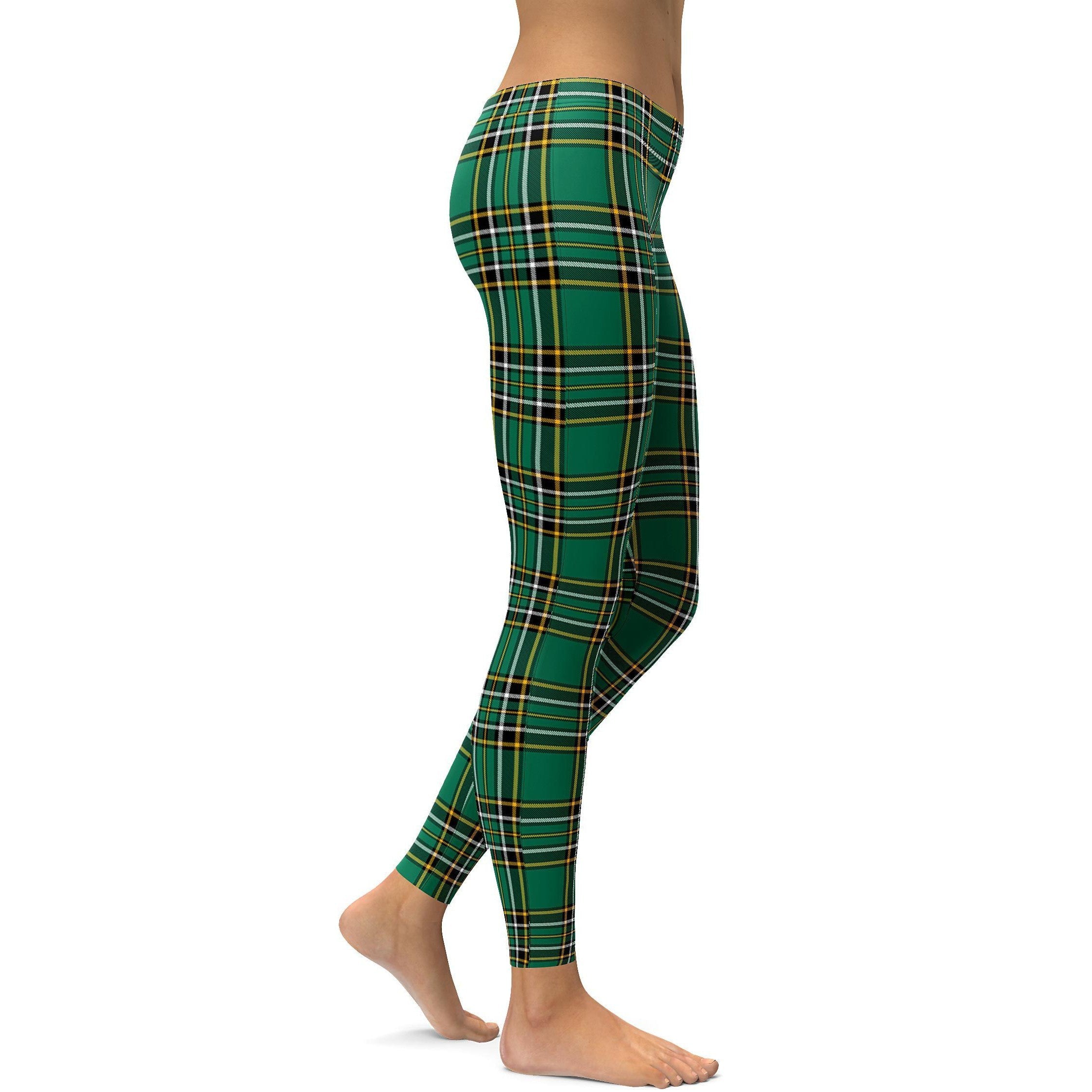 Womens Workout Yoga Irish Green Tartan Leggings Green/Black/Yellow | Gearbunch.com