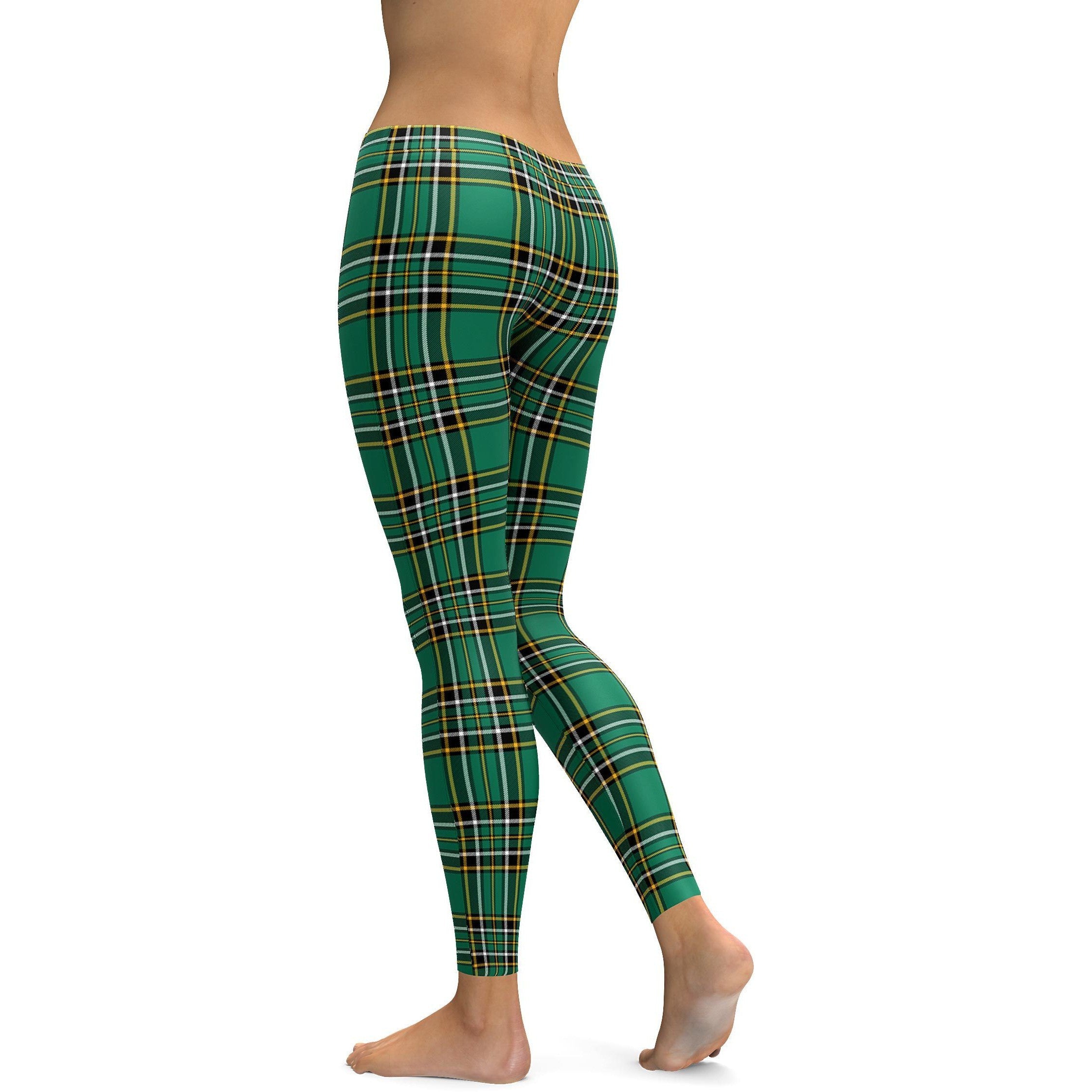 Womens Workout Yoga Irish Green Tartan Leggings Green/Black/Yellow | Gearbunch.com
