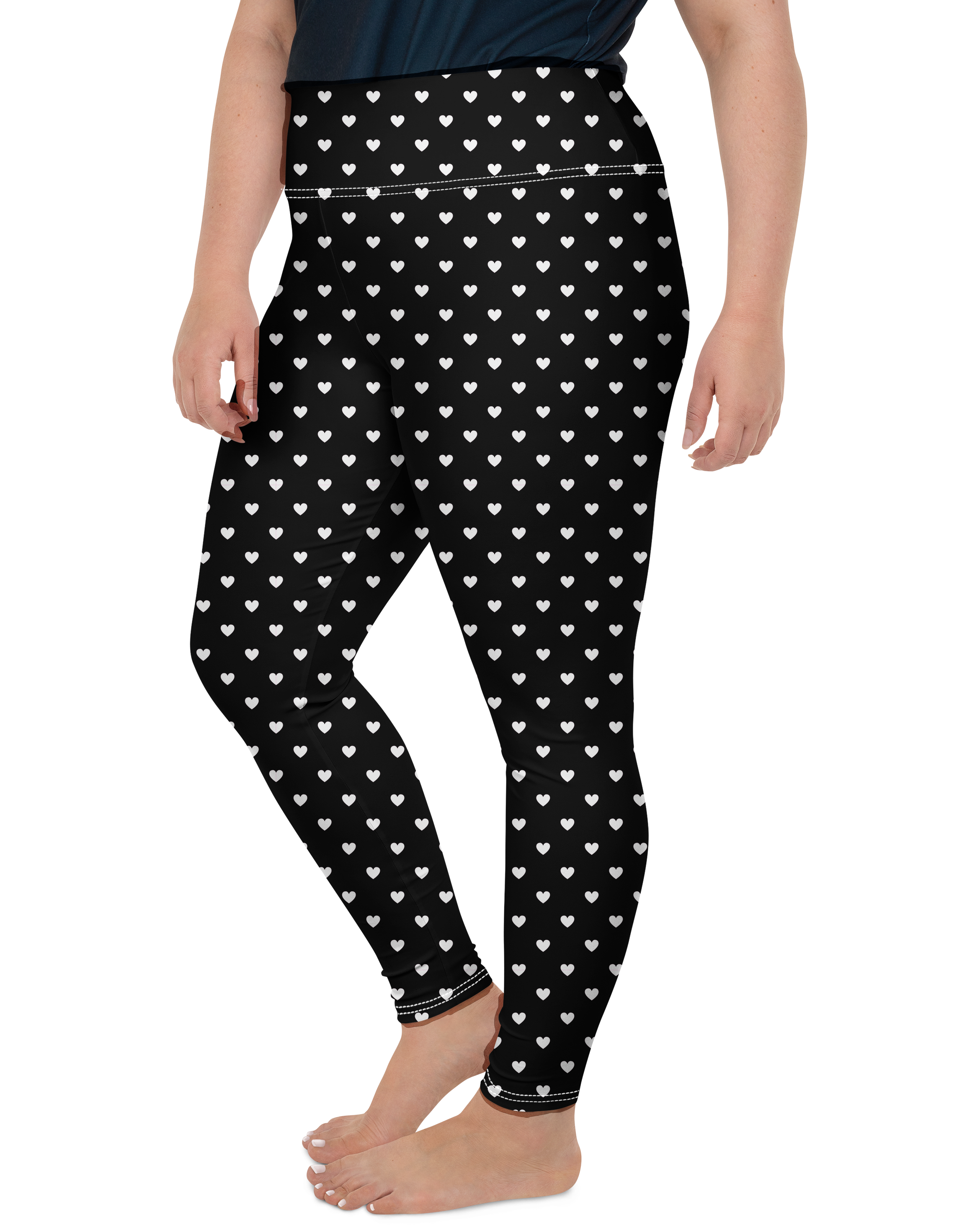 White Mini Heart Black Plus Size Leggings -Gearbunch
