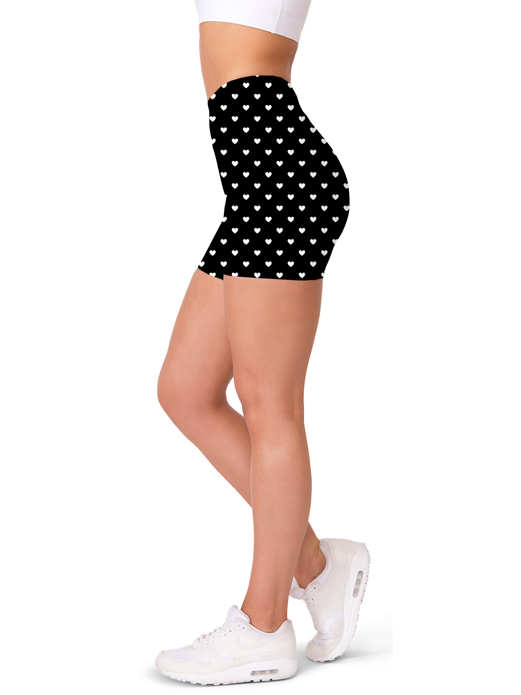 White Mini Hearts Black Yoga Shorts - Gearbunch