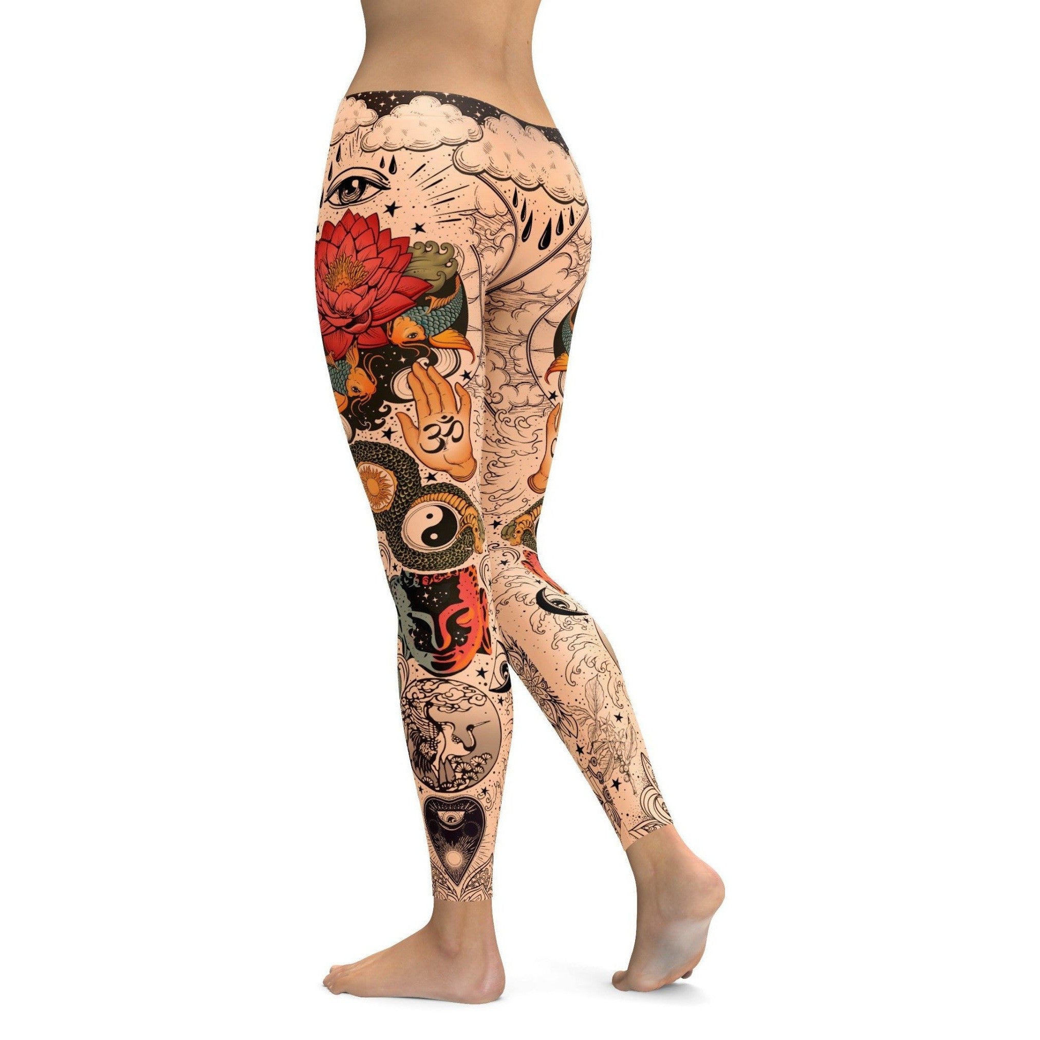 Womens Workout Yoga Tattooed Lotus Leggings Red/Cream/Black | Gearbunch.com