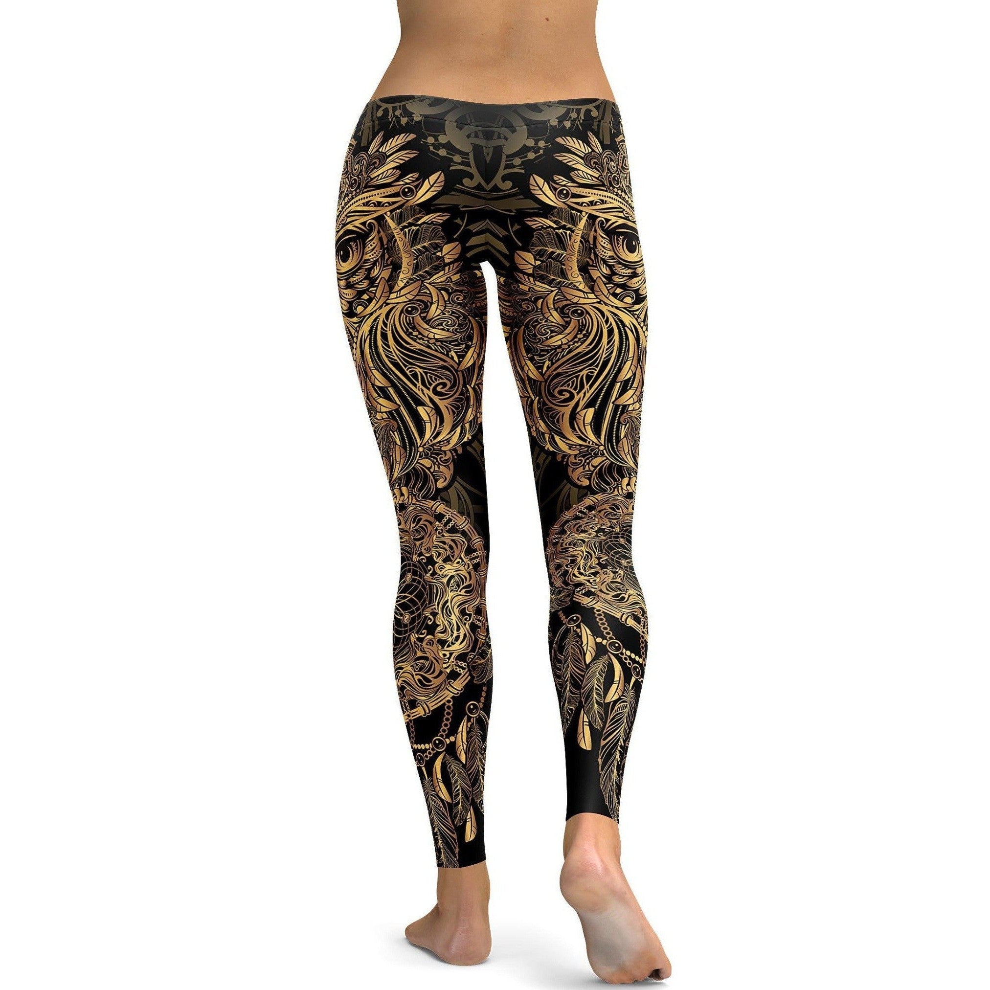 Womens Workout Yoga Golden Ornamental Owl Leggings Black/Gold | Gearbunch.com