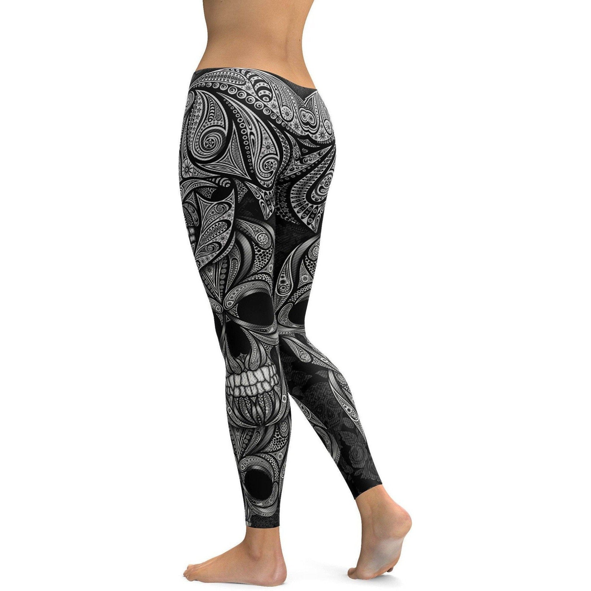 Womens Workout Yoga Ornamental Skull Leggings White/Black | Gearbunch.com
