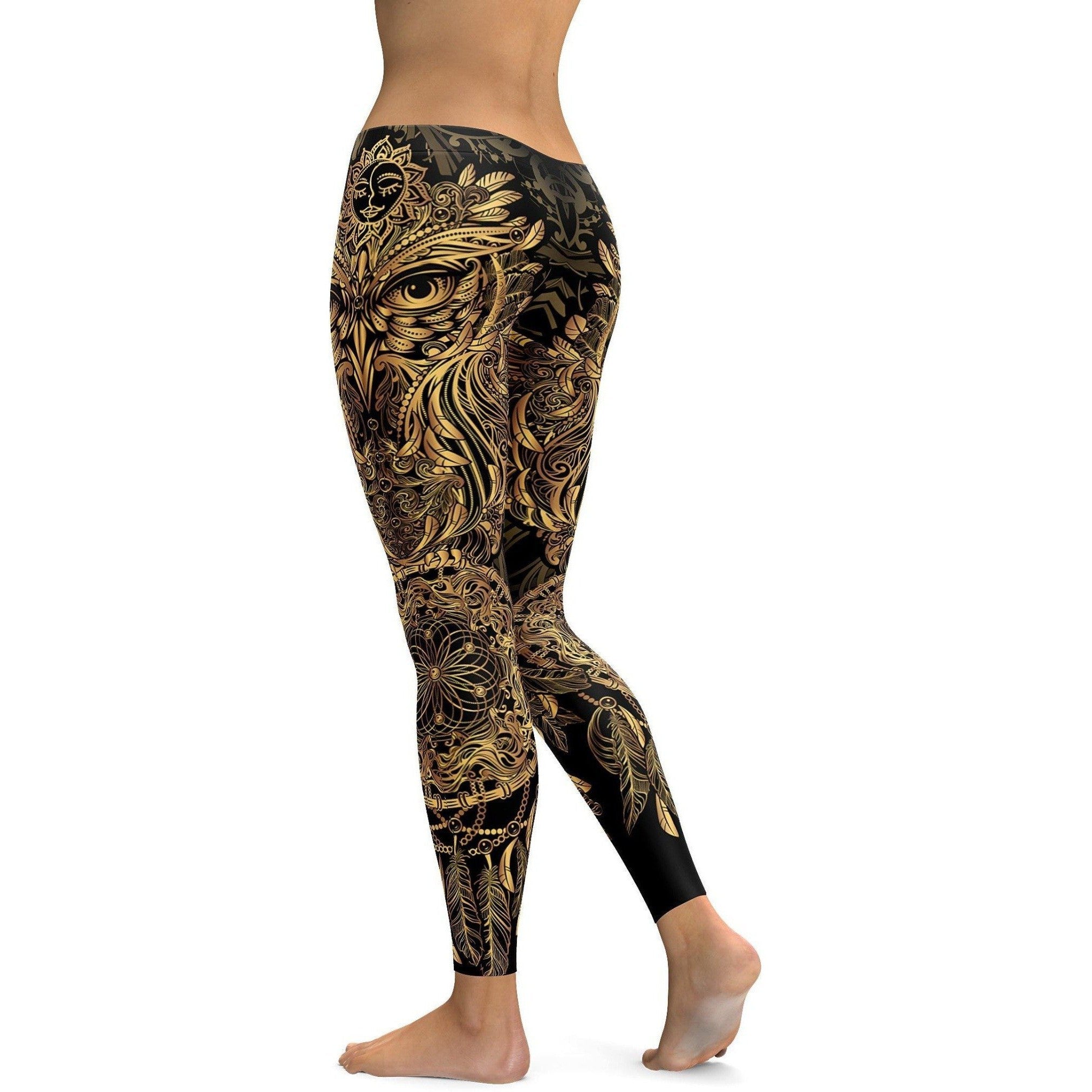Womens Workout Yoga Golden Ornamental Owl Leggings Black/Gold | Gearbunch.com