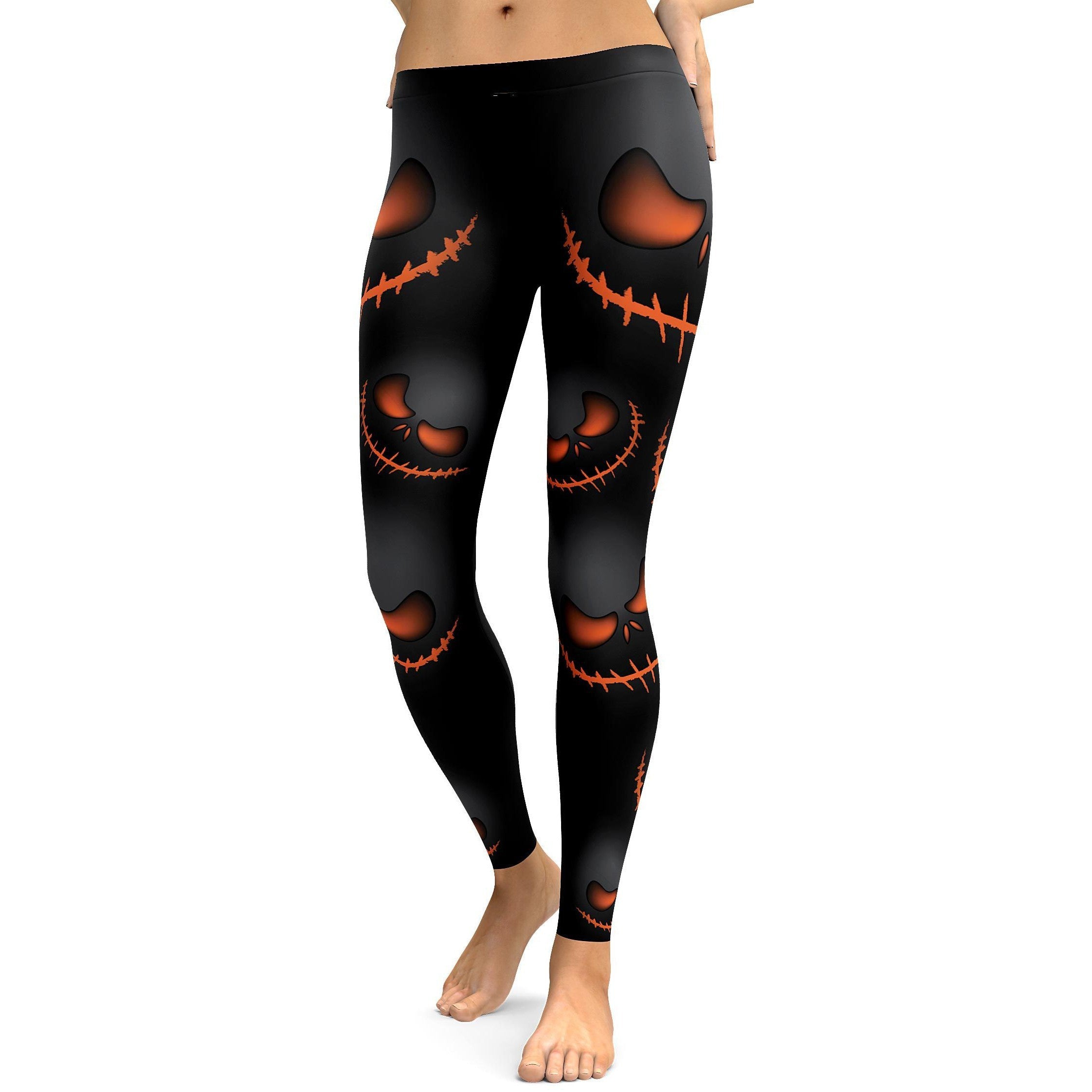 Womens Workout Yoga Halloween Evil Pumpkin Grin Leggings Black/Orange | Gearbunch.com
